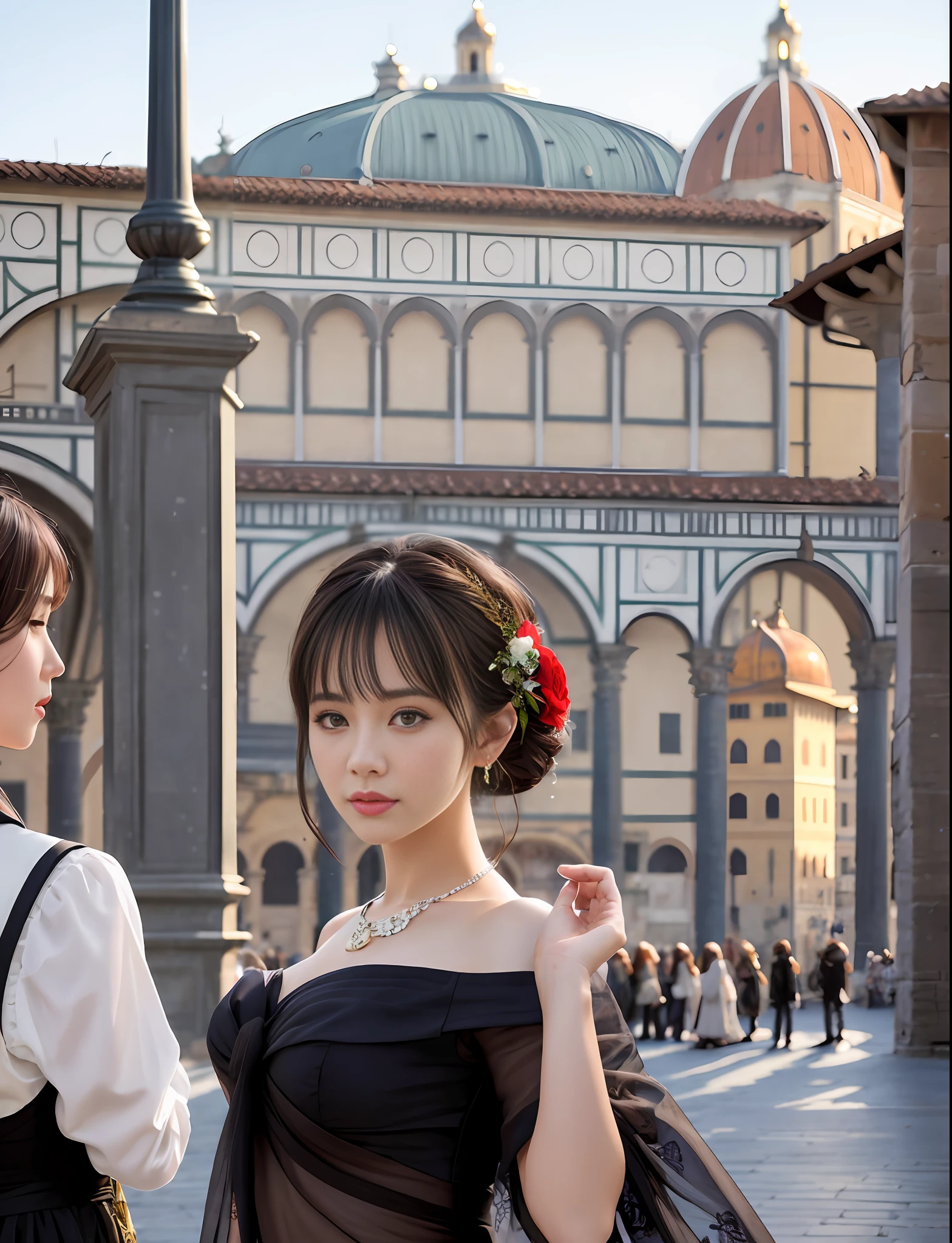 Model shooting style, (extremely detailed CG Unity 8k wallpaper), full-shot body photo of the most beautiful artwork in the world, stunning beautiful photo realistic available, super realistic super detailed photo, a beautiful girl as a female dancer on the streets of Florence, navel, complex dress, banquet, crowd, [slight smile], (Palazzo Vecchio and Piazza della Signoria background), (princess eyes, shining pupils), detailed symmetrical beautiful hazel eyes, detailed gorgeous face, highly detailed, Vibrant, professional majestic oil painting by Ed Blinkey, Atey Ghailan, Studio Ghibli, Jeremy Mann, Greg Manchess, Antonio Moro, ArtStation Trends, CGSociety Trends, Complex, High Detail, Sharp Focus, Dramatic, Realistic Painting Art, by Midjourney and Greg Written by Rutkowski