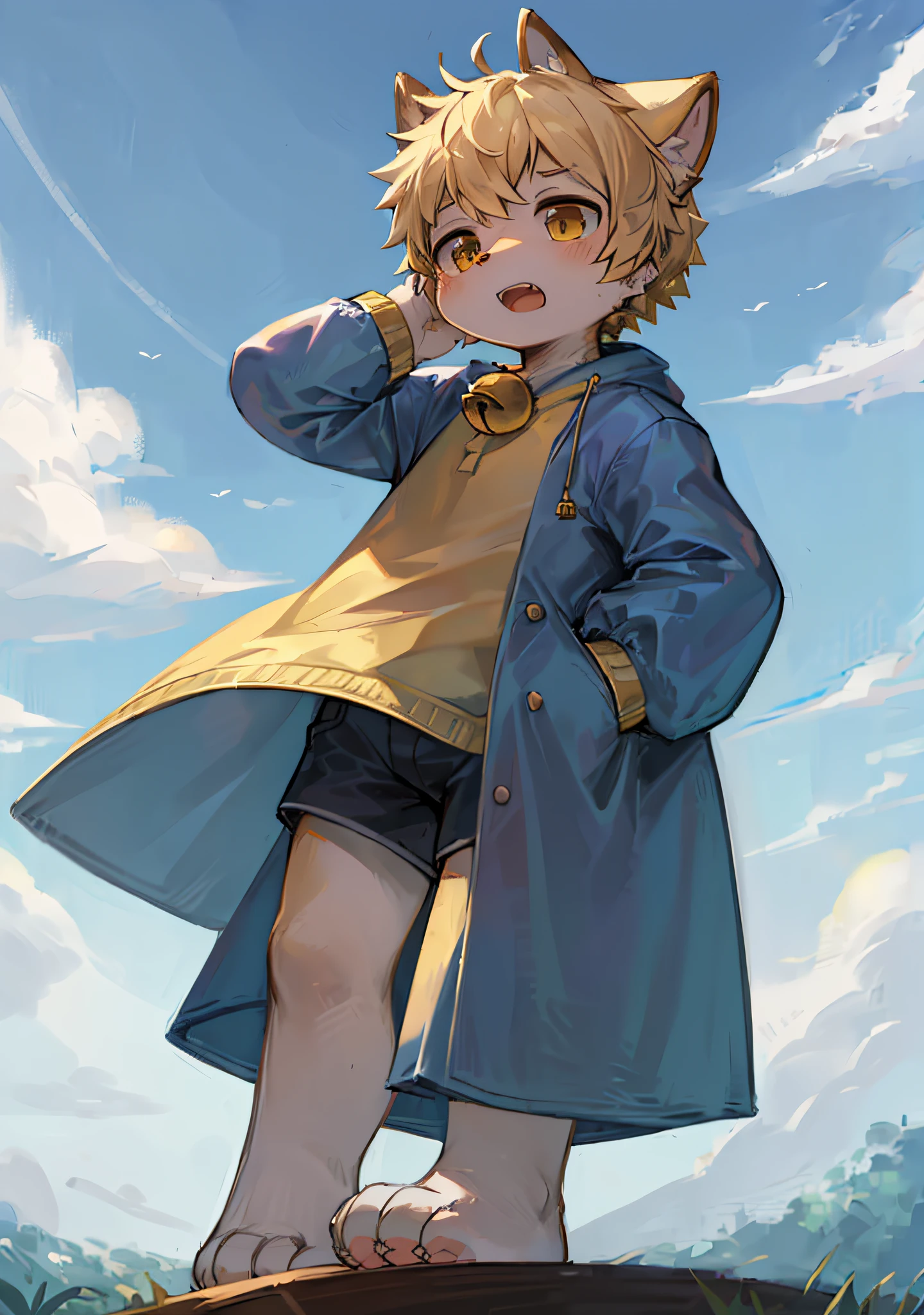 field, garden, band-aid, short hair, blonde, ahoge, bell, headphones, lower body, child, furry, cat ears, open mouth, teeth exposed on both sides, clouds, sky, sky, in summer, no spots, cubs, yellow fur everywhere, cat ears, cat type, big fluffy tail, masterpiece, high quality portrait, human figure, cub, beard, solo child boy, wind, pose, sell cute, full shot, sky blue coat, gray shorts, yellow scarf, white shirt, super cute face, furry paws