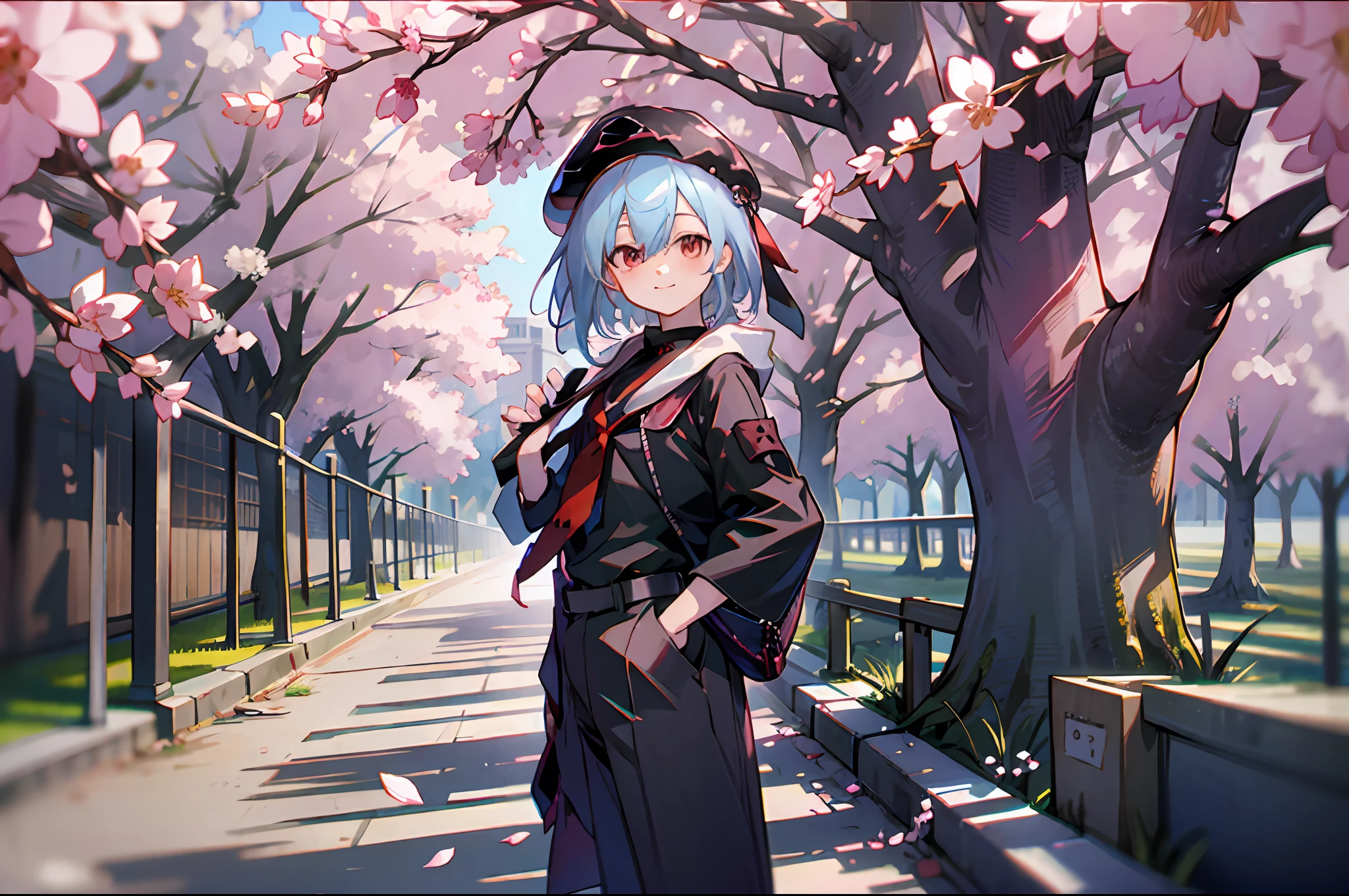 1boy, solo, teenage, portrait, looking at viewer, school uniform, suit, handbag, long black coat, berets, mizuki, (red tie:1.5), short hair, light blue hair, smile, shut up, hand pocket, spring, (sunny: 1.2), cherry blossoms, cherry blossoms, floating flowers, falling flowers, rock path, moss, shade, school, gate, mizuki, walk, depth of field,