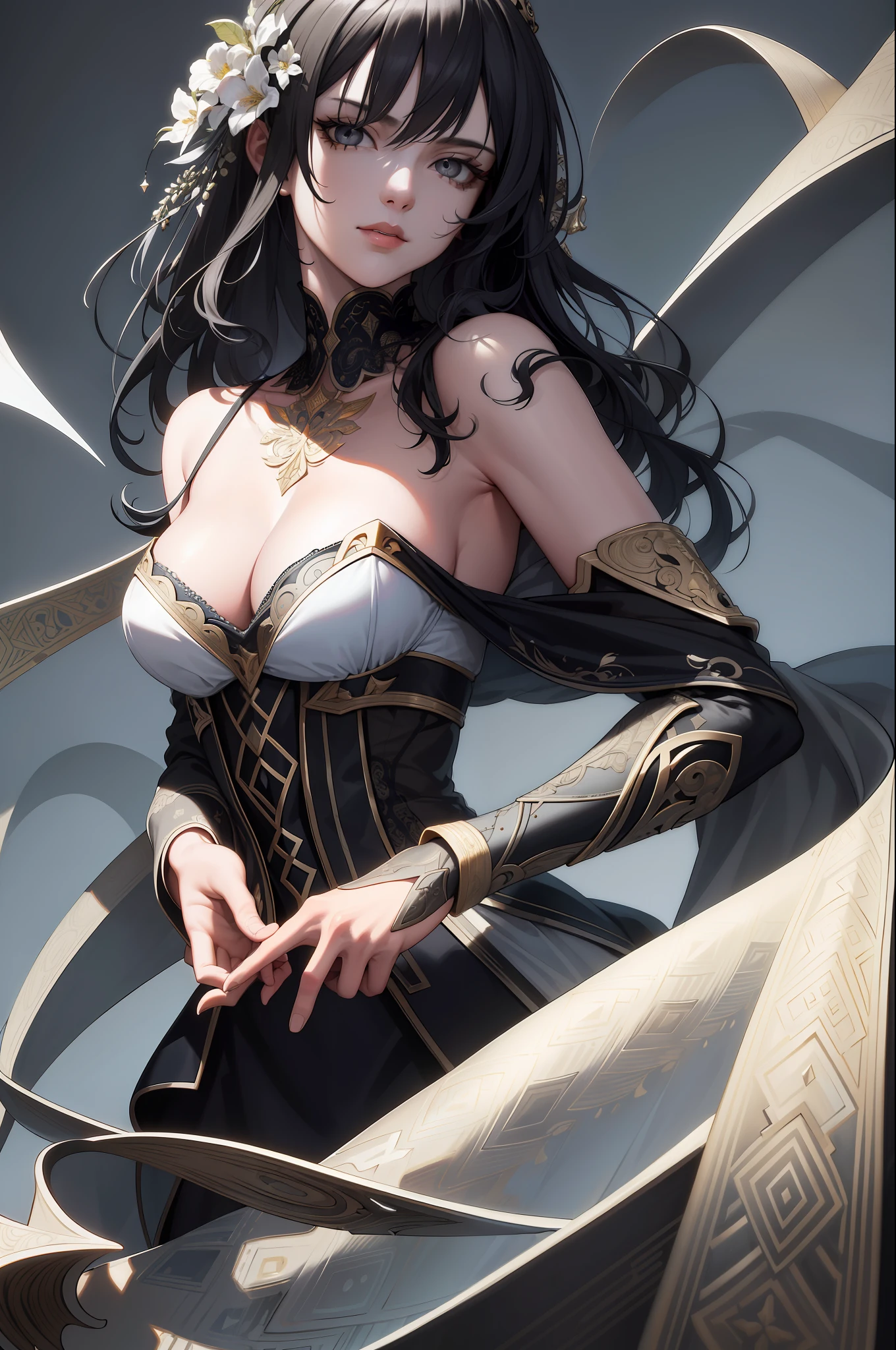 (Masterpiece, Best Quality, Highres:1.4), Detailed, Intricate Details, 4K,
color splashes, line art, art, fibonacci, dark fantasy, (beautiful detailed face), high contrast, (best illumination, an extremely delicate and beautiful), ((cinematic light)), colorful, hyper detail, dramatic light, (1girl, solo, black hair, sharp face, loose shoulder-length hair, grey eyes, dynamic angle), depth of field, magic