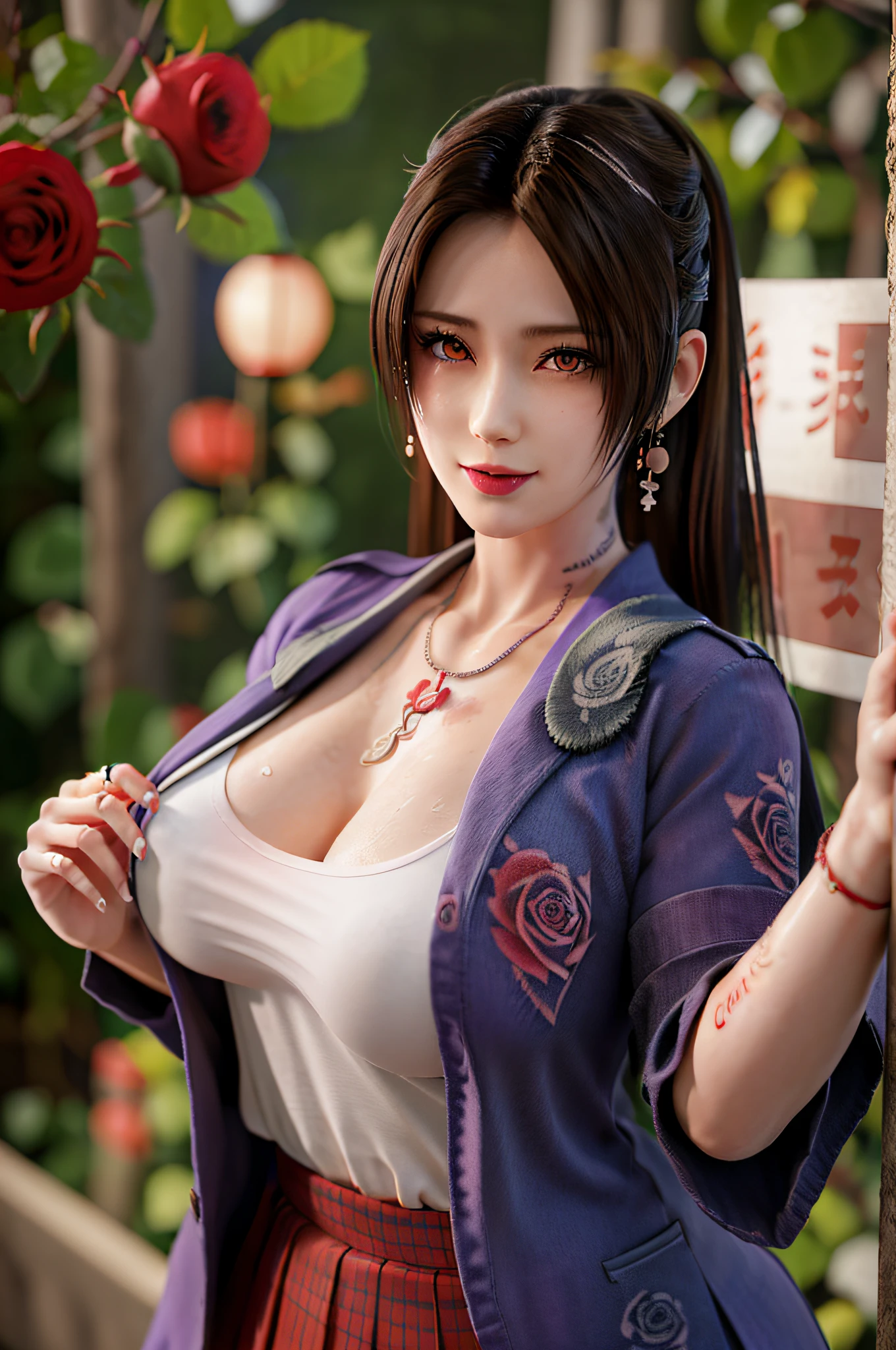 Full body, (solo:0.9), MaiShiranui,Hands on breasts,(Japanese high school uniform:1.5), wristband, earrings, cross necklace, bangs, black hair, blunt bangs, ( gigantic breasts:1.4), lips, long hair, moles under the mouth, purple eyes, slightly dilated lips, smile, wet skin, Wet hair, shame,Standing amidst the falling cherry blossoms,(rose_tattoos:1.5), (masterpiece: 1.4), (best quality: 1.4), real-life portrait photography, looking at the viewer,Center,