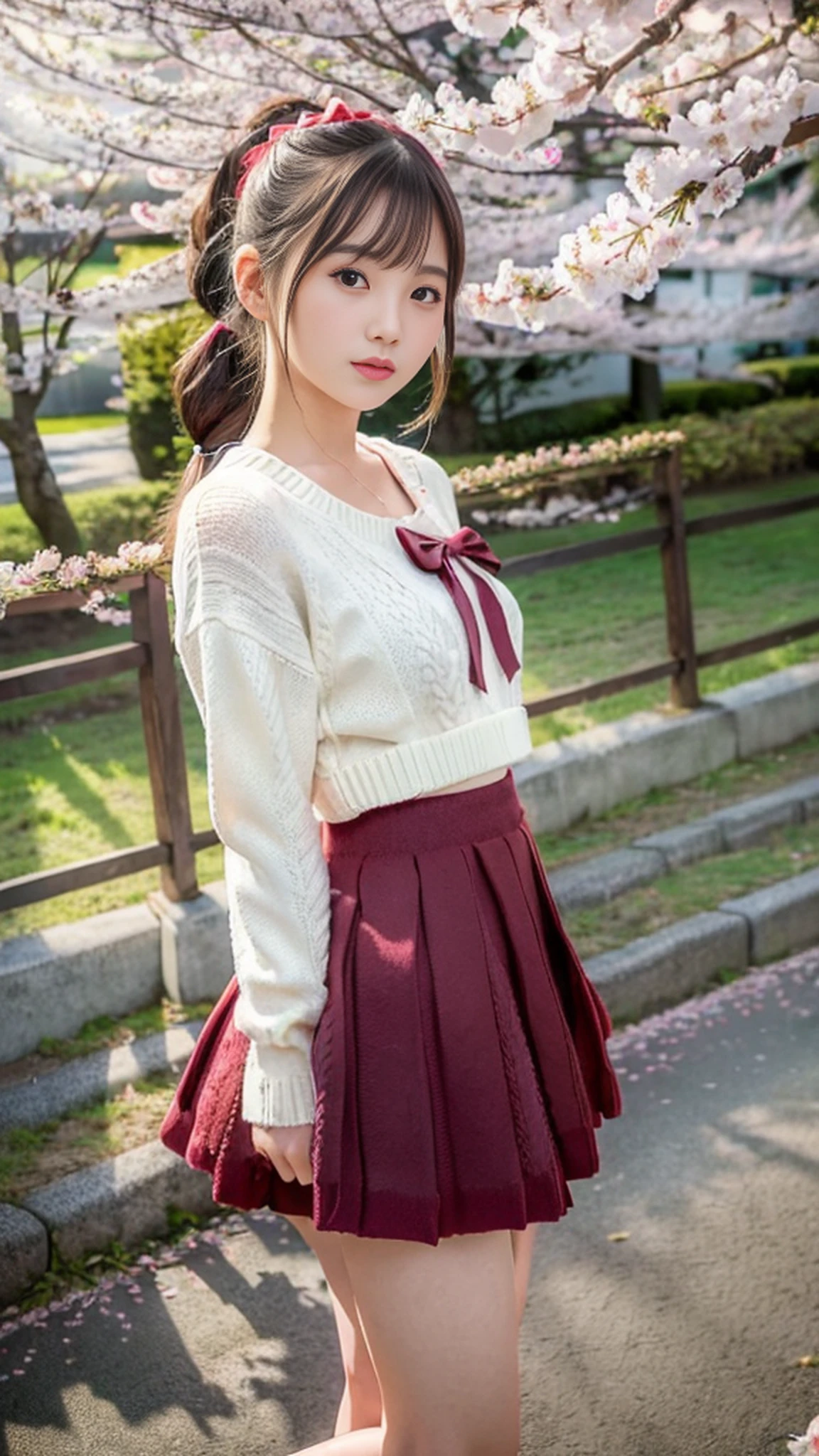 (((low angle))),((((showing me panties))))), thigh gap, ((photorealistic)),(Slim)),((AKB 48)),(Full body photo))), ((sunset in background))),((Cherry blossoms in the background)),(19 years old)),(Small bust))))), (Wearing a hat deeply))( Long skirt))), ((((Spring sweater)))), (((Photorealism: 6, Realistic)))), (((Sideways and turning around pose))),Perfect lower body shape,((Upside ponytail))), (Ribbon),((Has scrunchies on wrists)),Hair ornaments, small waist