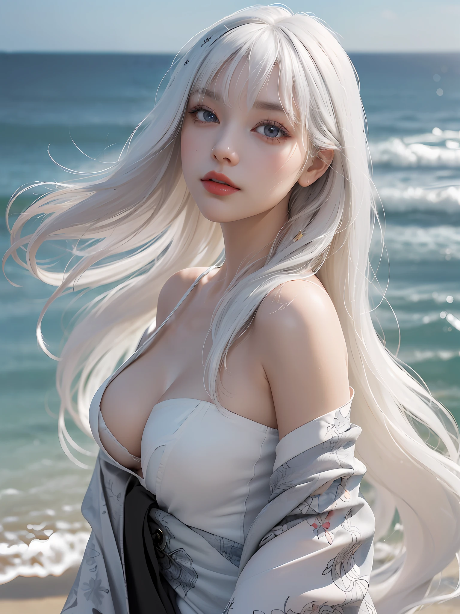 classic, (impasto), (photorealistic:1.3), (painting), (realistic:1.3), (sketch), portrait, world masterpiece theater, 1 inflatable doll, ((long white hair, black eyes, wide eyes, bangs, long eyelashes, lipstick: 1.3, most detailed)), (bright eyes, Eye reflex, blush: 2.5), ((skin oil: 1.5, young skin: 1.8, skin reflex: 1.6, gloss: 1.5)))), (printed kimono, exposed cleavage, exposed shoulders, side shot, upper body close-up, looking into the camera), ((medium breasts): 1.2, exposed thighs), solo focus, beach background, background blurred