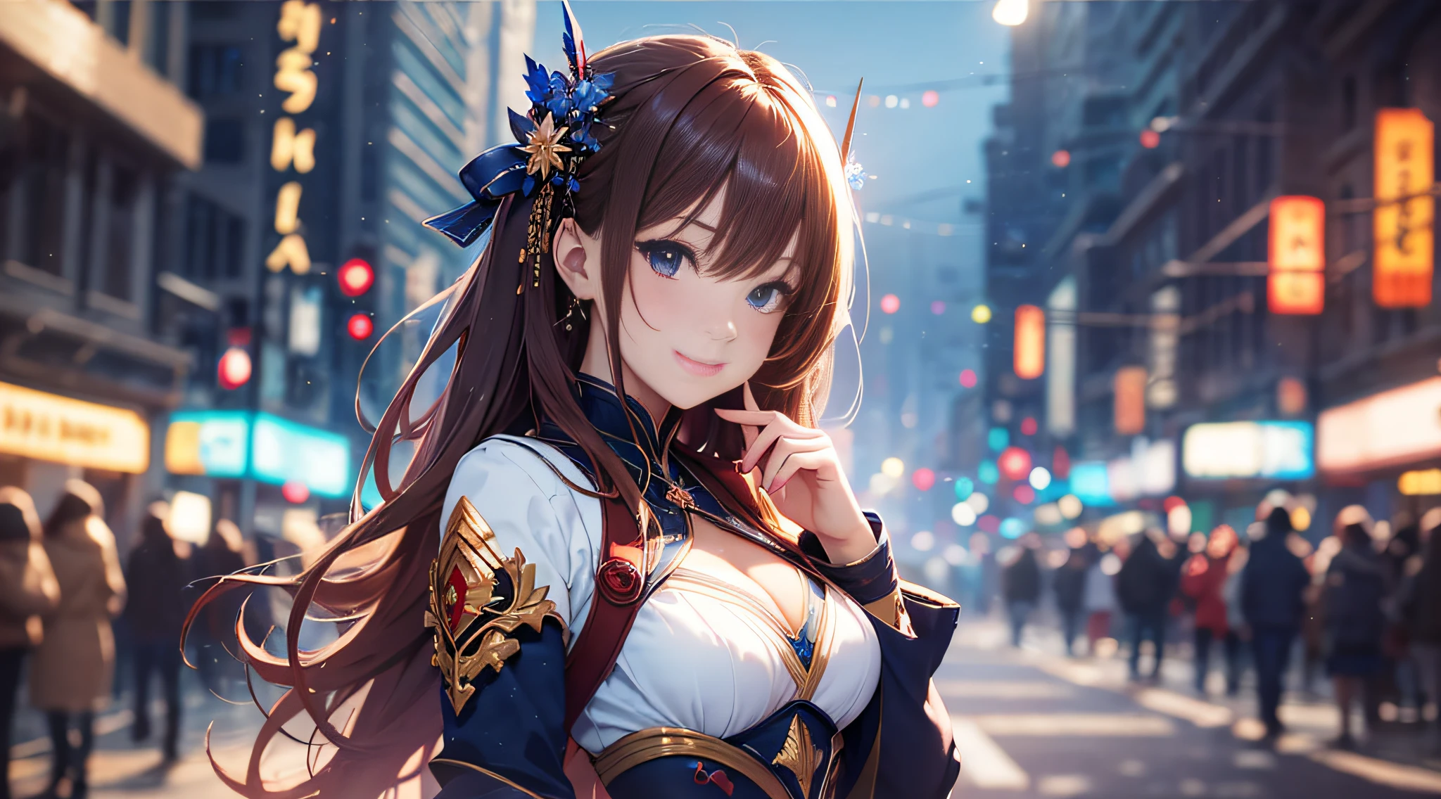 Masterpiece, best quality, young beautiful girl, super detailed, official art, Unity 8k wallpaper, Smirk, (red and blue): 1.3, bokeh photography, (soft focus): 1.2, out-of-focus highlights, fantastic atmosphere glowing circles, fascinating depth