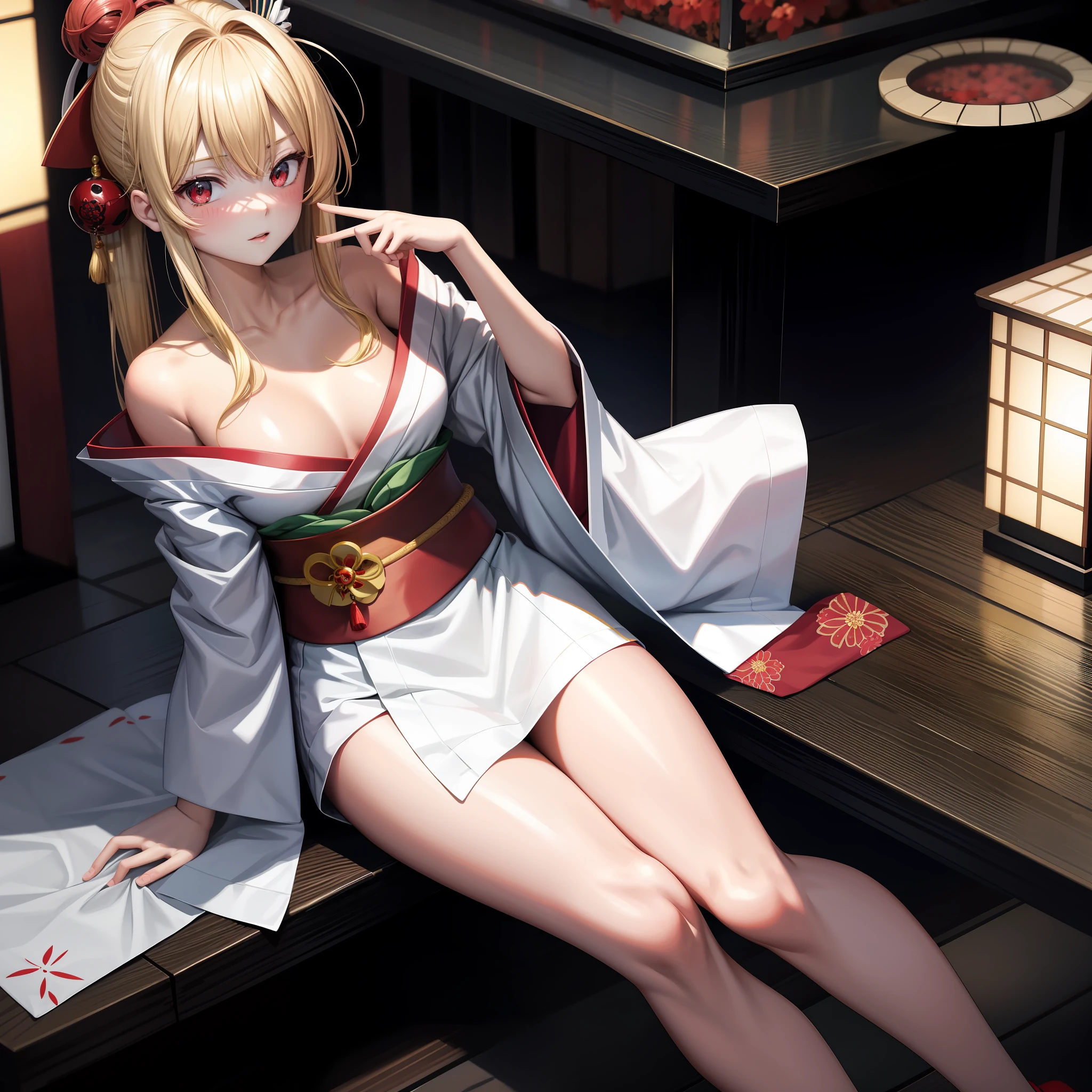 anime, girl single, blonde, red eyes, white kimono, kamimeki, blush, japanese room, sitting, sexy, off-the-shoulder