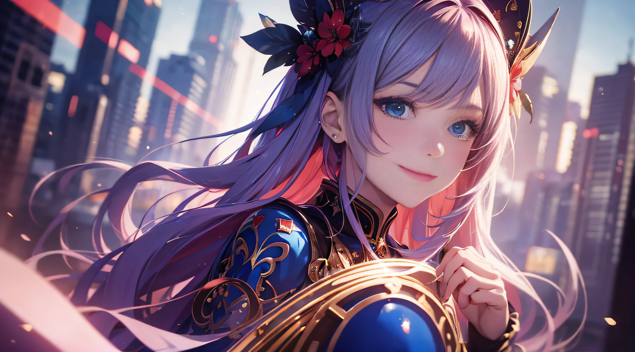 Masterpiece, best quality, young beautiful girl, super detailed, official art, Unity 8k wallpaper, Smirk, (red and blue): 1.3, bokeh photography, (soft focus): 1.2, out-of-focus highlights, fantastic atmosphere glowing circles, fascinating depth