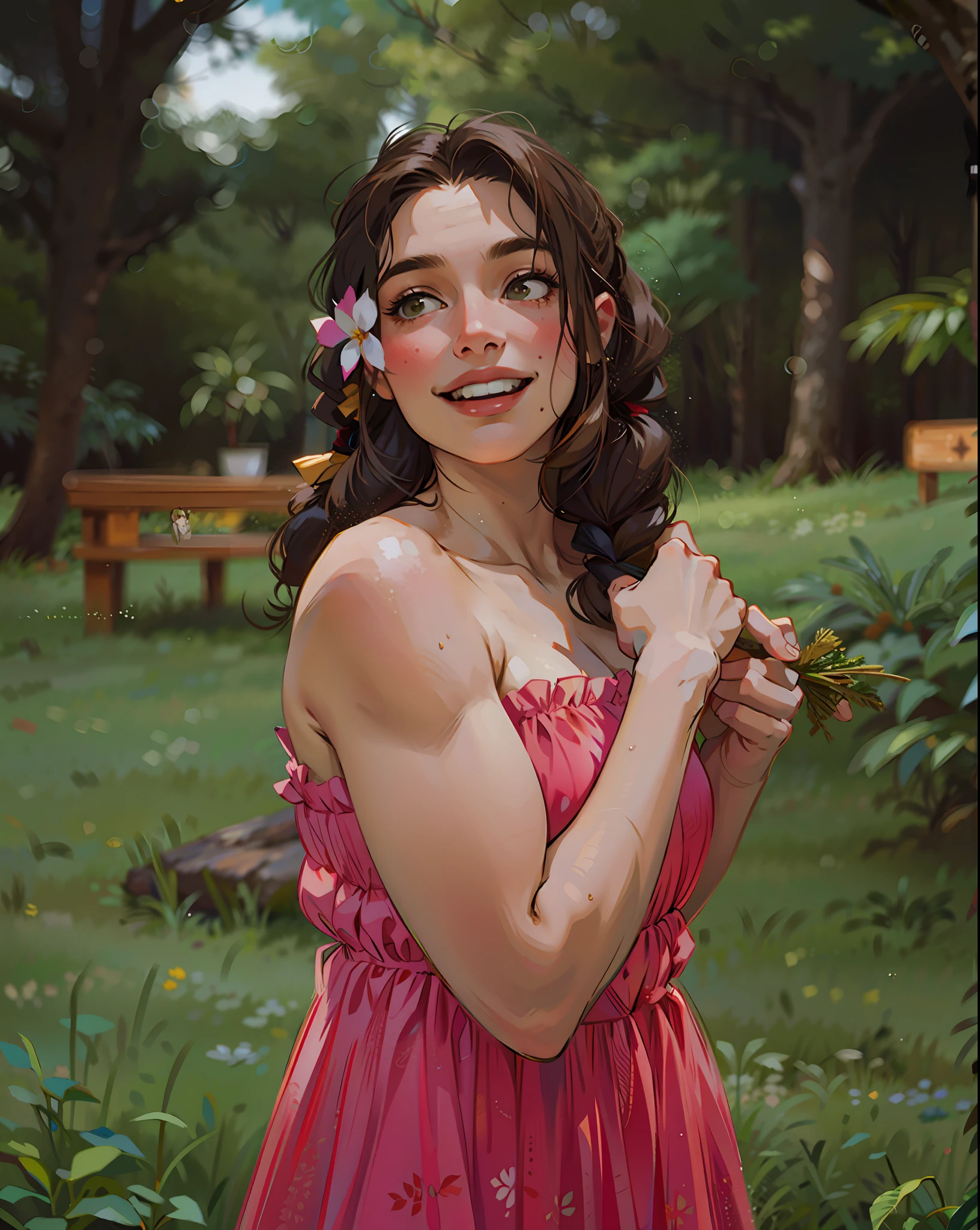 a hyper-realistic portrait of a young woman, smiling, under a tree, inside a forest, in the middle of nature, 22 years old, realistic, (lying on her side), sexy, (huge breasts 2:1), short brown hair, (hair tied with bows), curved, SFW