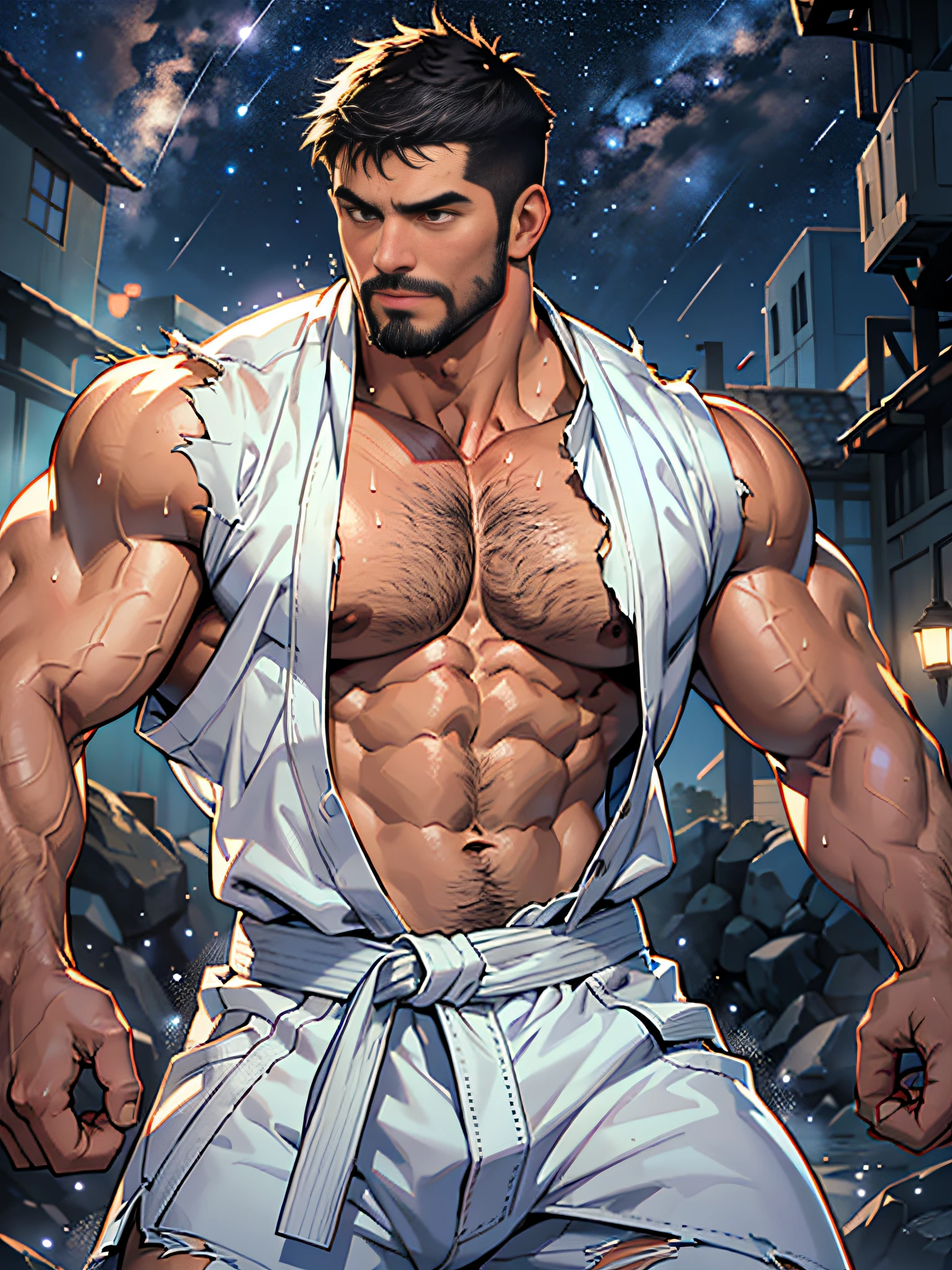 best quality, masterpiece, super high resolution, detailed background, realism, Illustrations, single, 1 boy, muscle, volumetric lighting, depth of field, facial hair, ryu, white clothes, black belt, light particles, bulge, starry sky, fighting stance, sweating, short hair, torn clothes, burly, big man