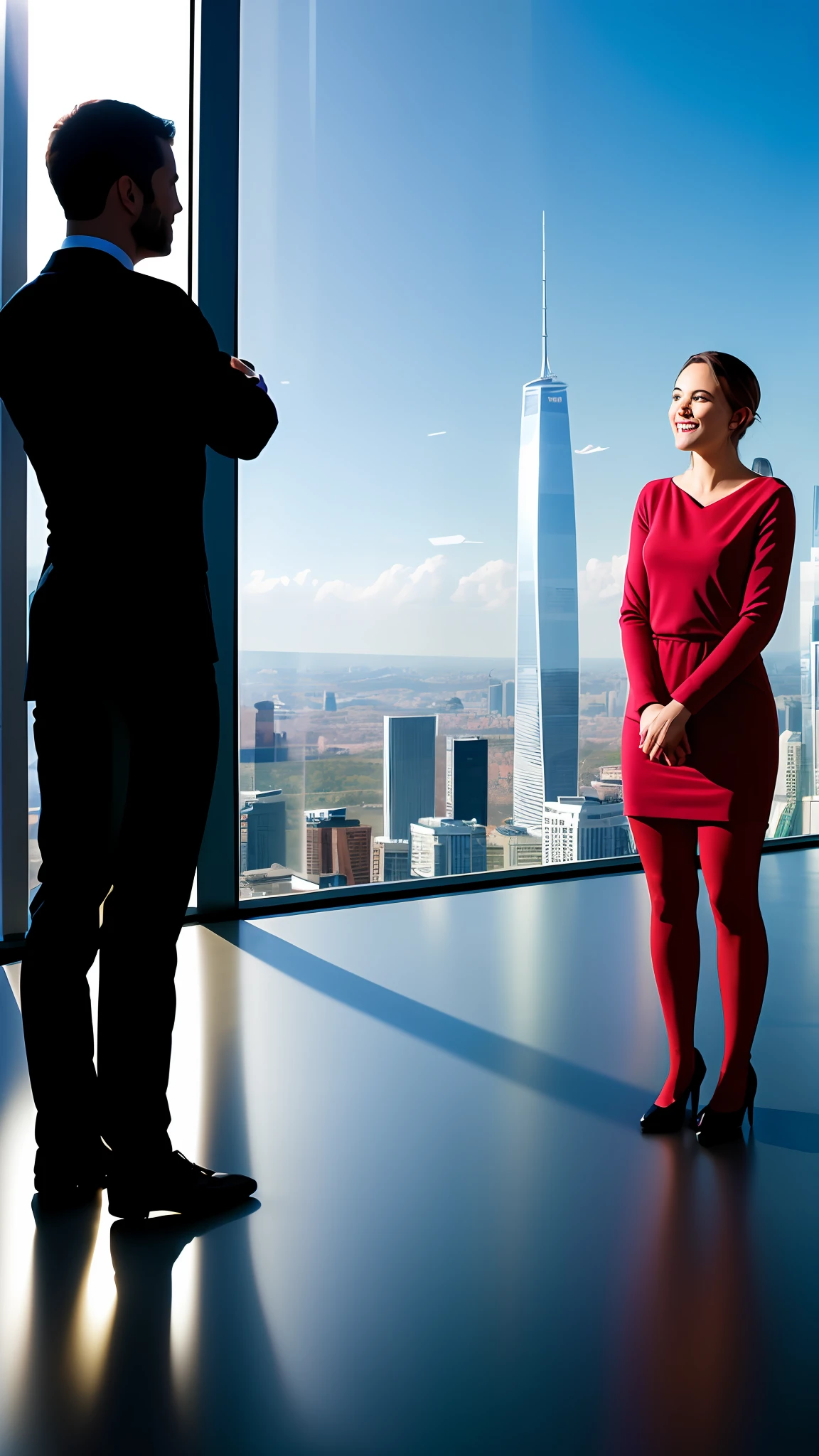 man and woman talking in the office room by the big panoram window, skyscrapers of a big city are visible outside the window