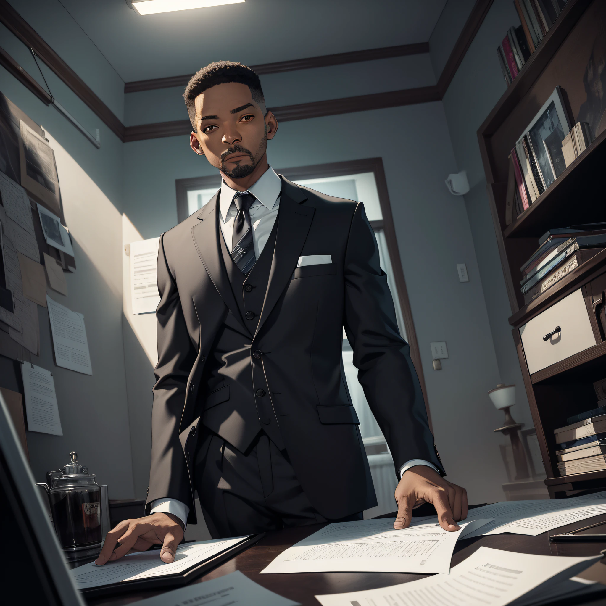 Absurd resolution, high resolution, (masterpiece: 1.4), hyperdetail, middle-aged Will Smith, black suit, eerie room, serious expression (1.3), looking at a note (1.4)
