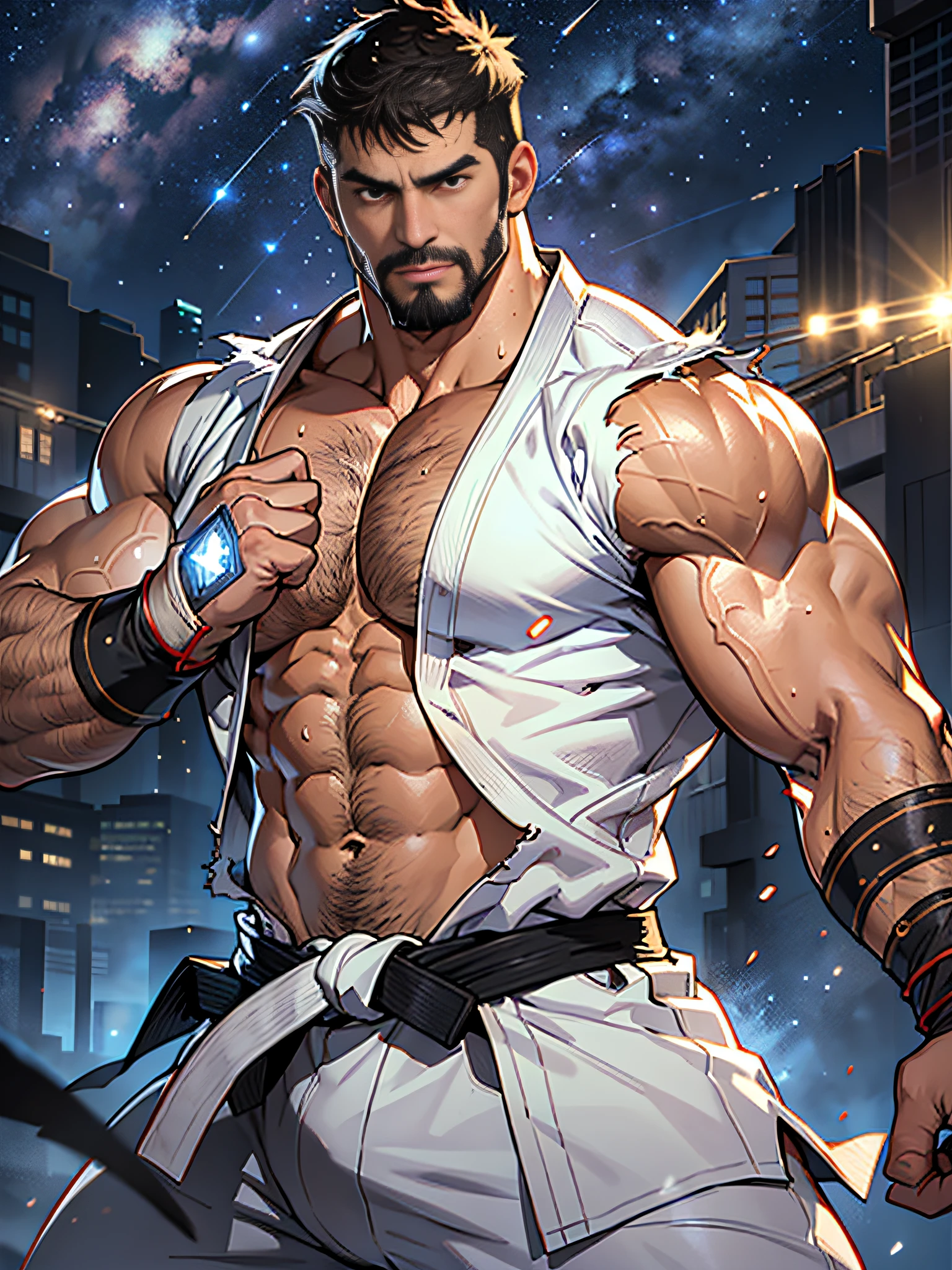 best quality, masterpiece, super high resolution, detailed background, realism, Illustrations, single, 1 boy, muscle, volumetric lighting, depth of field, facial hair, ryu, white clothes, black belt, light particles, bulge, starry sky, fighting stance, sweating, short hair, torn clothes, burly, big man