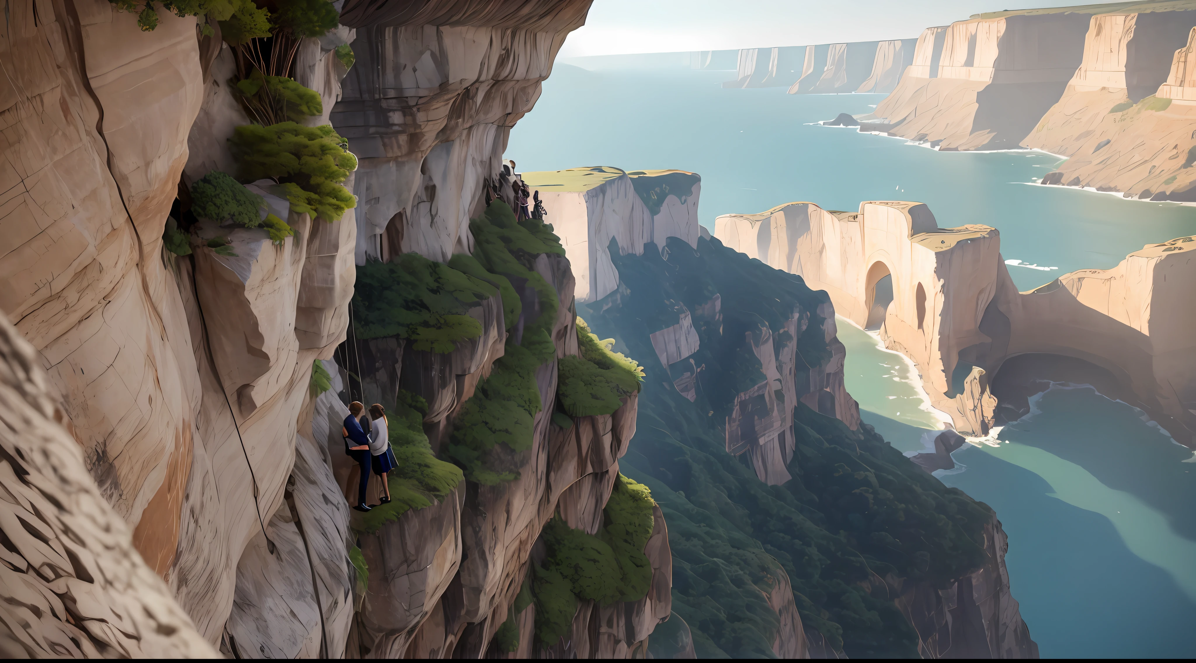 A couple is tied to a tree on the edge of a cliff with ropes, and behind them is the bottomless bottom of the cliff, and several gangsters with guns watch them --auto --s2
