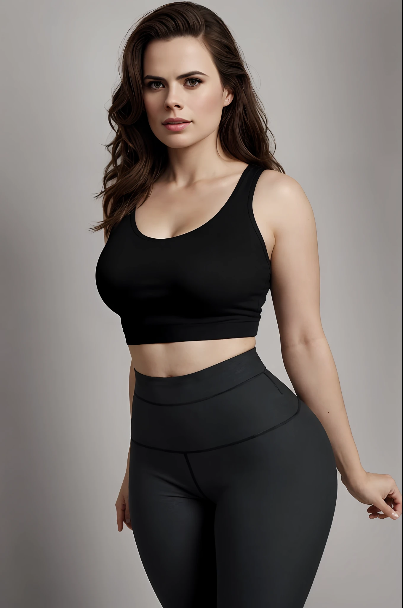(Thirty year old) woman, Hayley Atwell, wearing a (black gym leggings::1.2), beautiful legs, broad hips, (extra long hair::1.2), looking directly at camera, smouldering, (detailed skin texture::1.2), seats, glistening skin, hair in ponytail, (detailed anatomy), romantic, (Yoga in the park), Intricate, 8k, highly detailed, (extremely detailed CG unity 8k wallpaper), Hyperrealistic, trending on CGSociety, Intricate, High Detail, Soft focus, dramatic, warm red light, light bloom, digital painting, intense, modelshoot style, (extremely detailed CG unity 8k wallpaper), full shot body photo of the most beautiful artwork in the world, pearl skin, trending on ArtStation, photorealistic painting art by midjourney