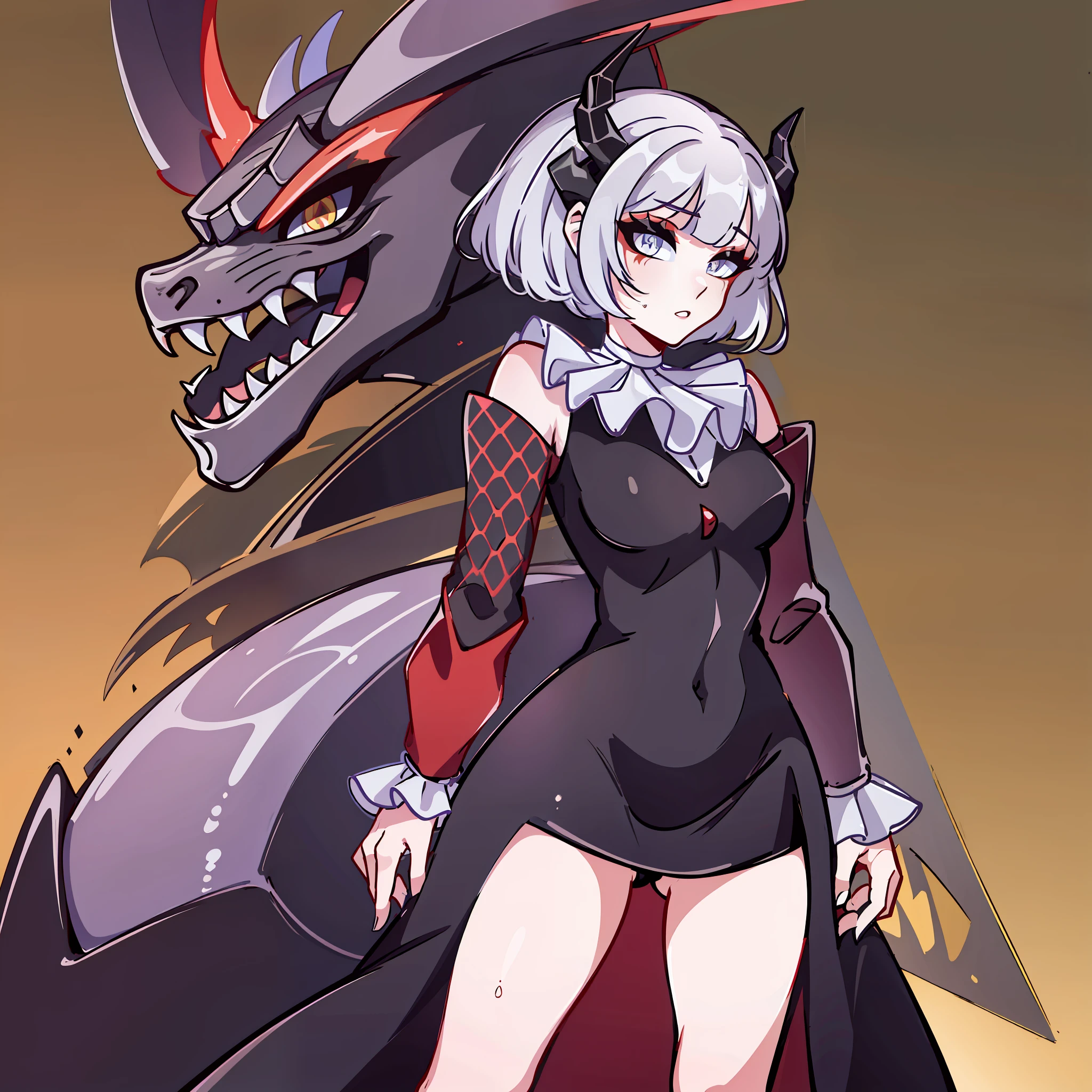 (Best quality: 1.0), (Super High Resolution: 1.0), extremely detailed character, detailed hands, half-dragon girl, horns, scales on the neck, scales on the shoulders, scales on the forearm, scales on the cheek, extremely detailed black dragon tail, extremely detailed hair, short hair, ((white hair)), ((black locks)), extremely detailed eyes, yellow eyes, dragon eyes, 2d, tomboy girl, anime art, ager, full body, standing, medieval