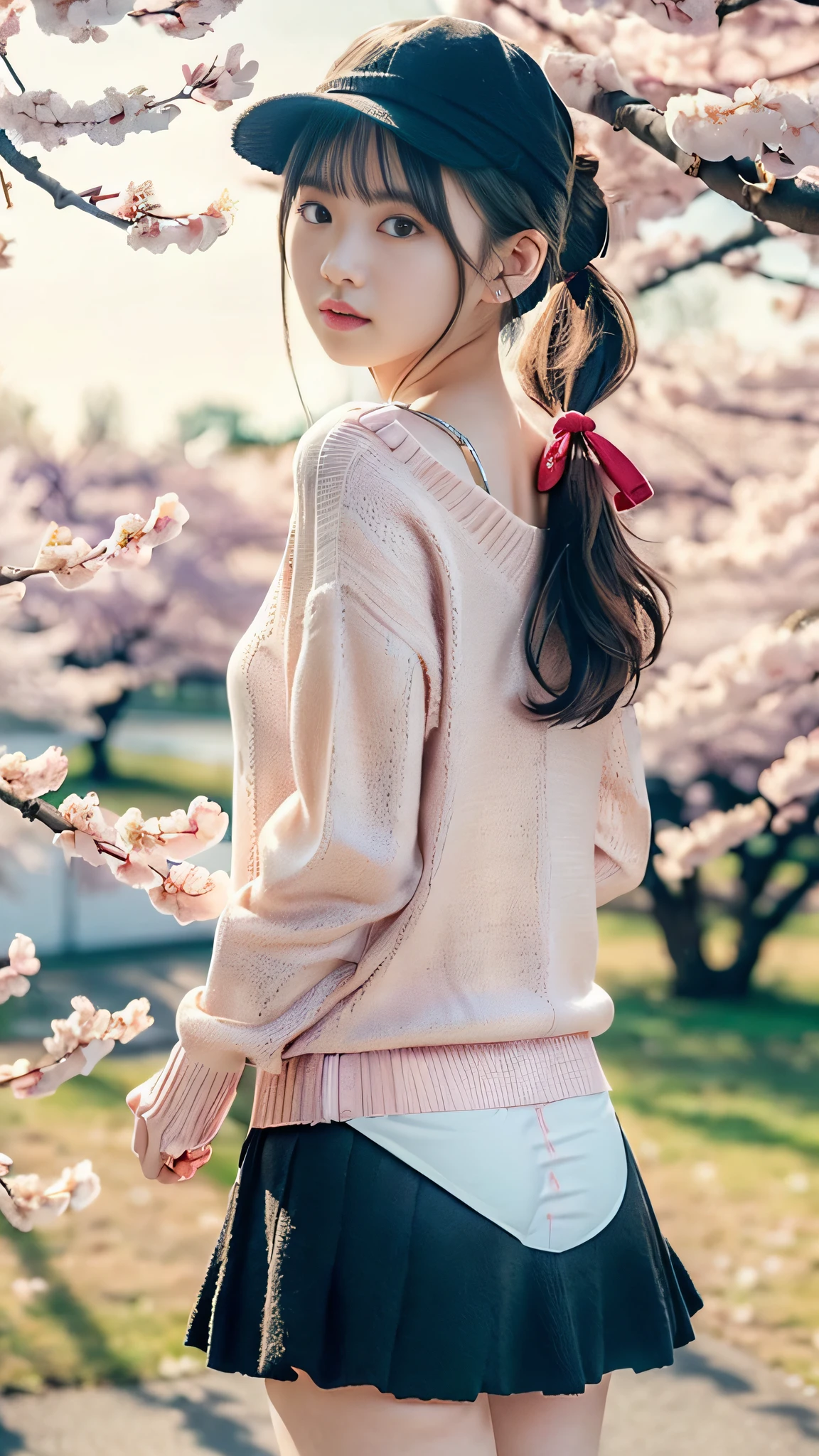 (((low angle))),((((showing me panties))))), thigh gap, ((photorealistic)),(Slim)),((AKB 48)),(Full body photo))), ((sunset in background))),((Cherry blossoms in the background)),(19 years old)),(Small bust))))), (Wearing a hat deeply))( Long skirt))), ((((Spring sweater)))), (((Photorealism: 6, Realistic)))), (((Sideways and turning around pose))),Perfect lower body shape,((Upside ponytail))), (Ribbon),((Has scrunchies on wrists)),Hair ornaments, small waist