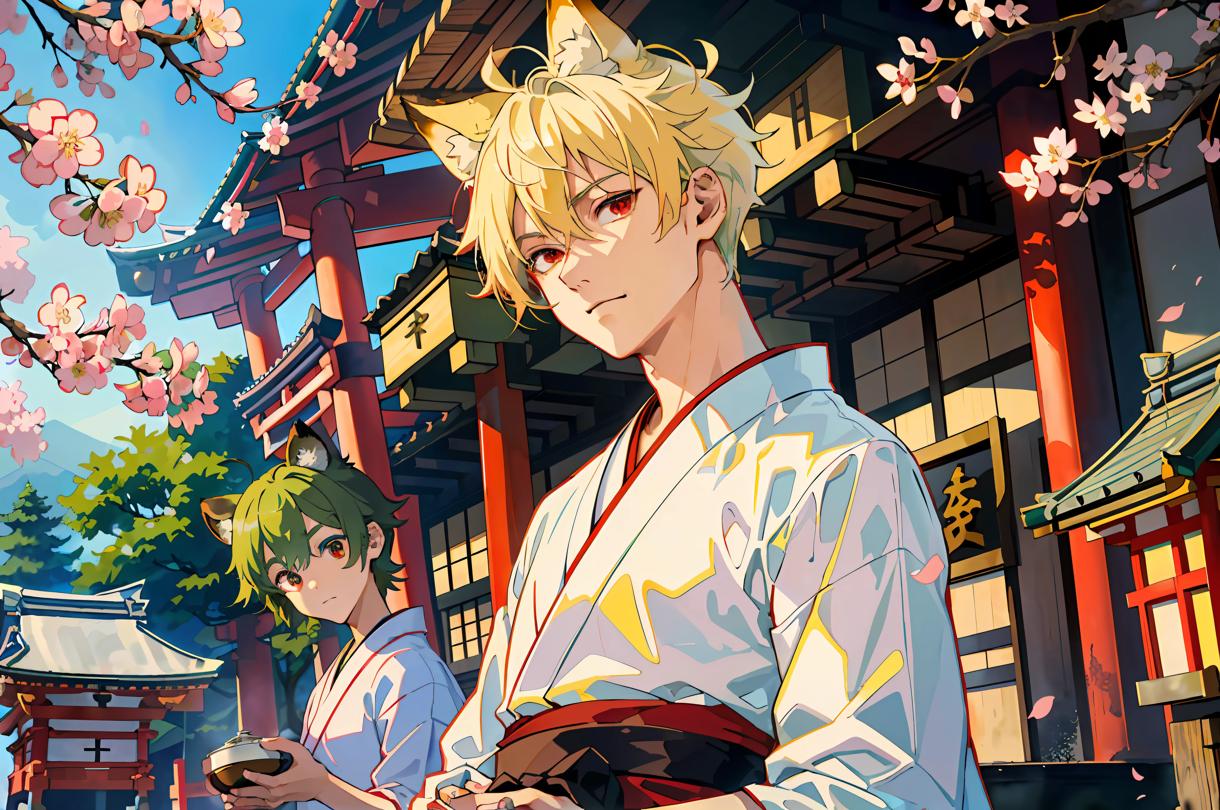(Masterpiece: 1.4, Best Definition, 8k), (2 boys: 1.6), (Blonde spiked hair and red eyes, fox ears: 1.1), (Short green hair and big eyes, Tanuki ears: 1.2), (Japan Shinto priest, white and blue Hakama: 1.3), cherry blossom viewing at a temple in Kyoto.
