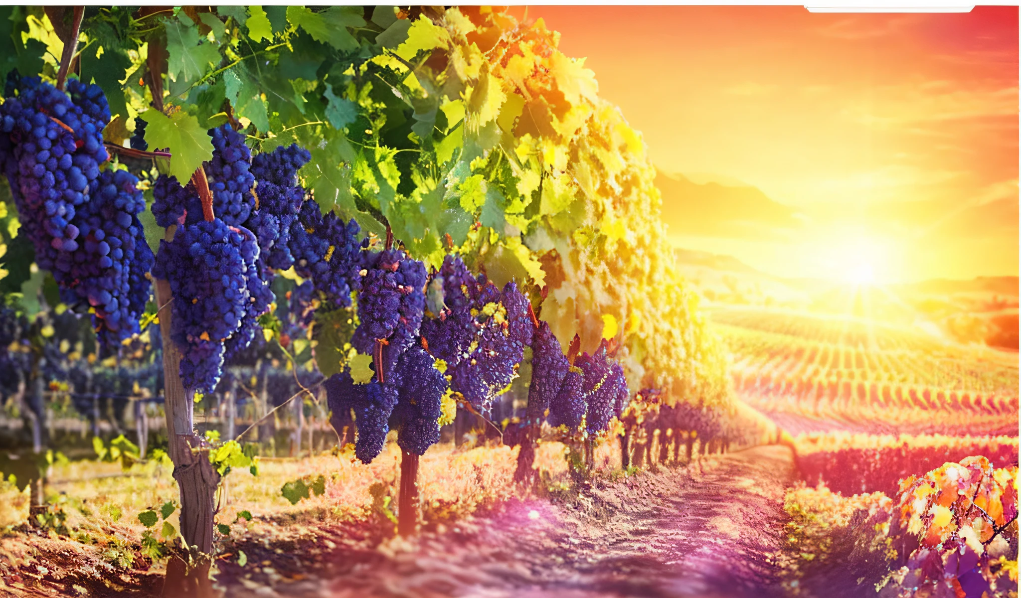 Grapes grow on vines, colorful vines, vineyards, vibrant and vivid, connected to nature through vines, vibrant colors, rivers of wine, vivid and vibrant, idyllic vineyards, wine, sunny, bright colors, vibrant scenes, harvest autumn vibrancy, rich picturesque colors, rich vivid colors, harvest