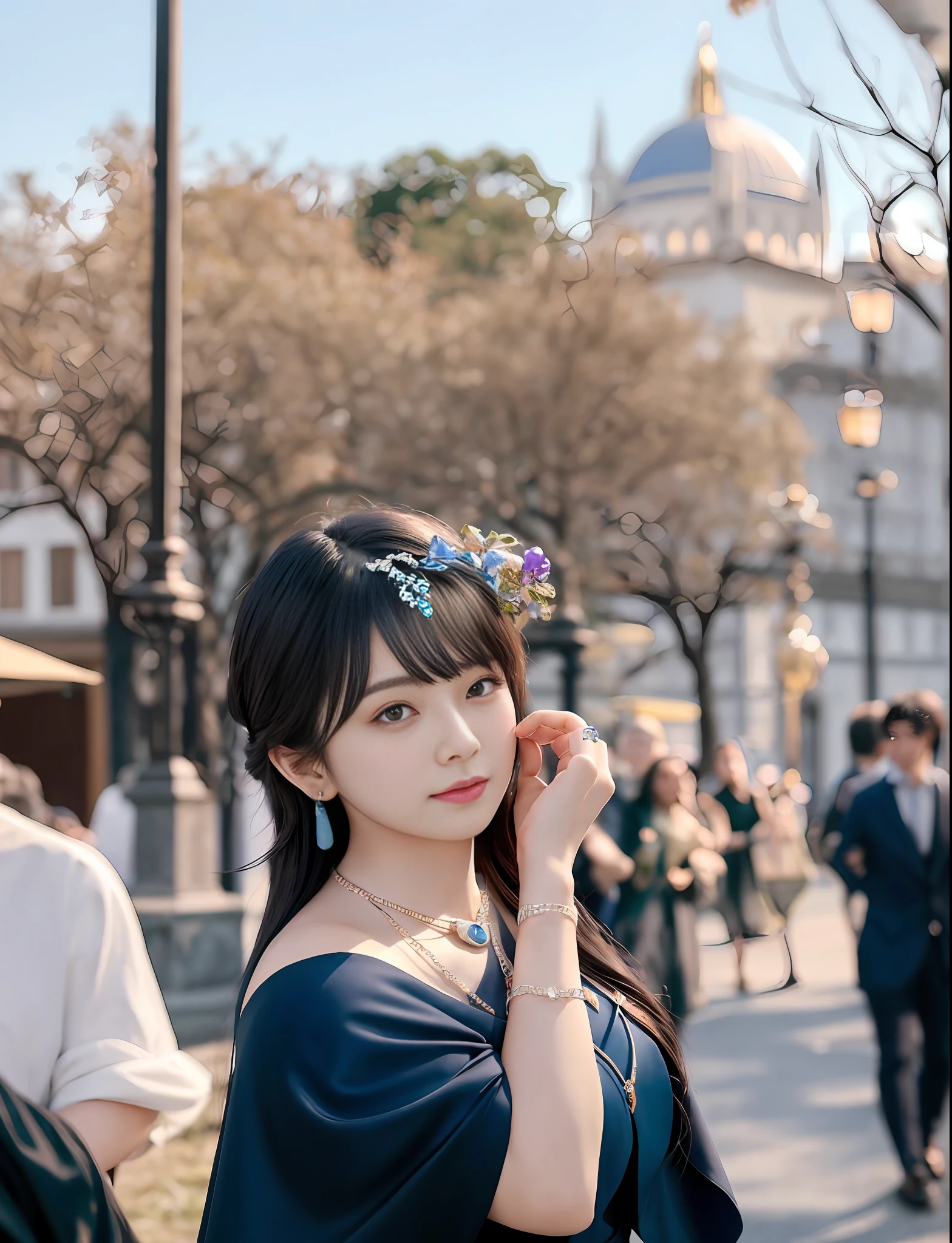 night,(dark blue theme,),in summer,(nature:1.9),1girl,on a street of 2020s Florence,full body,black hair,very long hair,grin,navel,crowd,(Florence Cathedral background),dynamic angle,dynamic pose,outdoors,Italian Venice style architecture,High color saturation,Color saturation,(jewelry:1.9),putting on jewelry, Warm light,Warm light,
ray tracing,cinematic lighting,(raw photo:1.2), (photorealistic:1.4), absurdres, incredibly absurdres, huge filesize , ultra-detailed, highres, extremely detailed,best quality ,masterpiece, illustration, an extremely delicate and beautiful, extremely detailed ,CG ,unity ,8k wallpaper, Amazing, finely detail, masterpiece,best quality, pureerosface_v1,ulzzang-6500-v1.1,