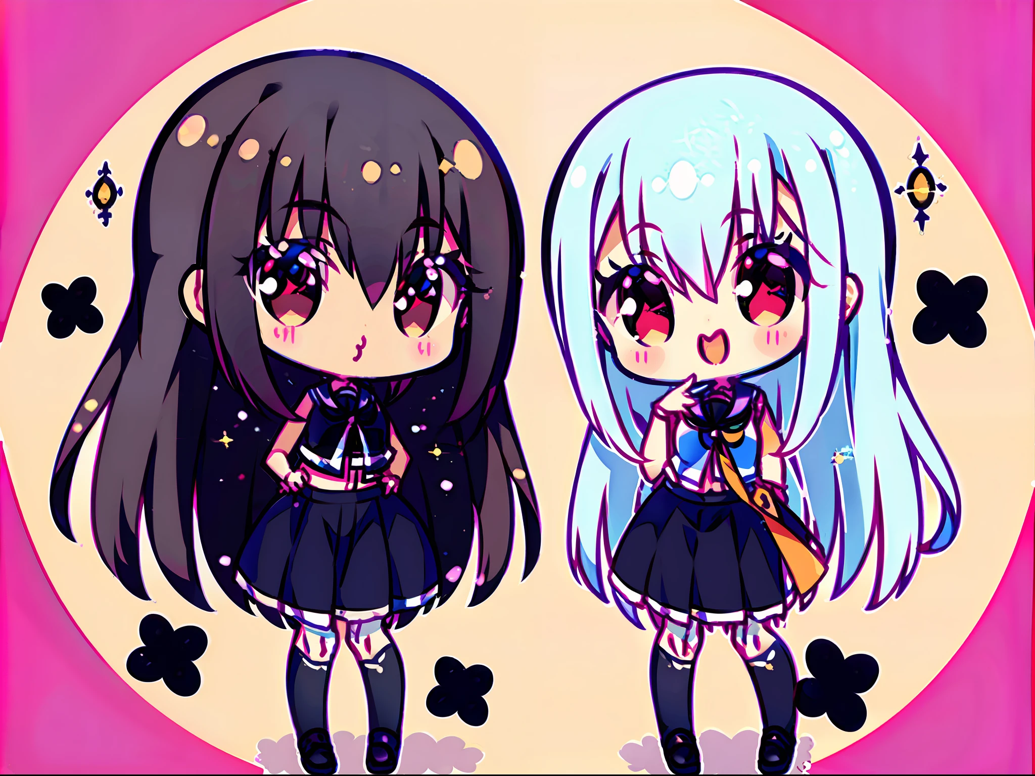 Two Asian women in cheergirl, uniform is sleeveless, skirt, spats, hair color is brown with long hair and black ash with long hair, same uniform, good friends, both of them smiling, holding bonbons, costume is as shown in the photo, shiny silver, small breasts, shiny silver uniform, V-neck uniform, No logos and letters on the uniform, silver uniform with glitter, uniform is not transparent fabric 🚿🗝📝 🔞🤡 2263539546],❤🔥🍄🌪, 8k)), anime-style, mascot type