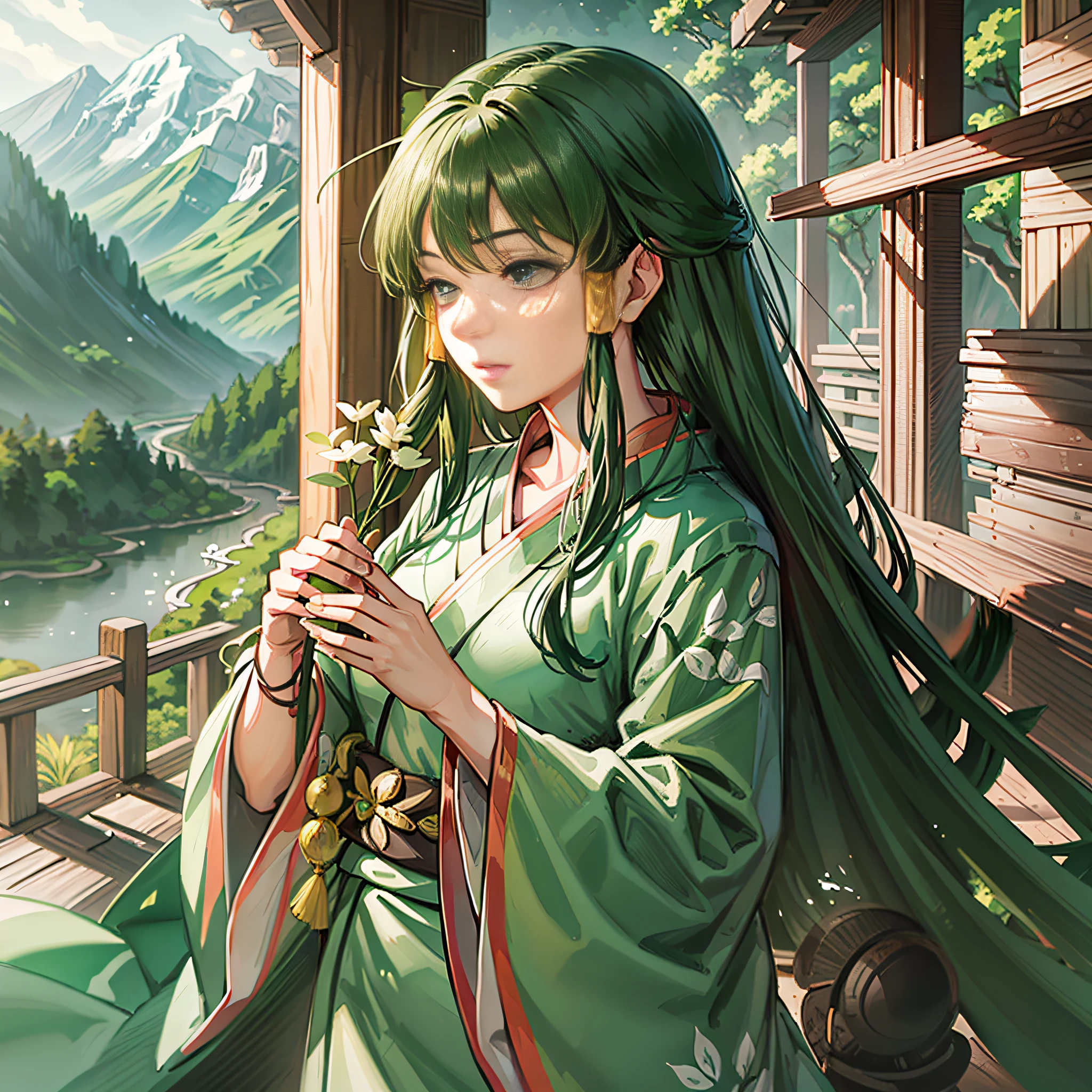 A woman in a green kimono holding a plant, with the mountain as the background, surrounded by a forest full of greenery, a girl in a hanfu, she holds a green plant leaf, branches hair from her head, green flowing hair, flowing hair and robe, national tide illustration, Miyazaki style --auto --s2
