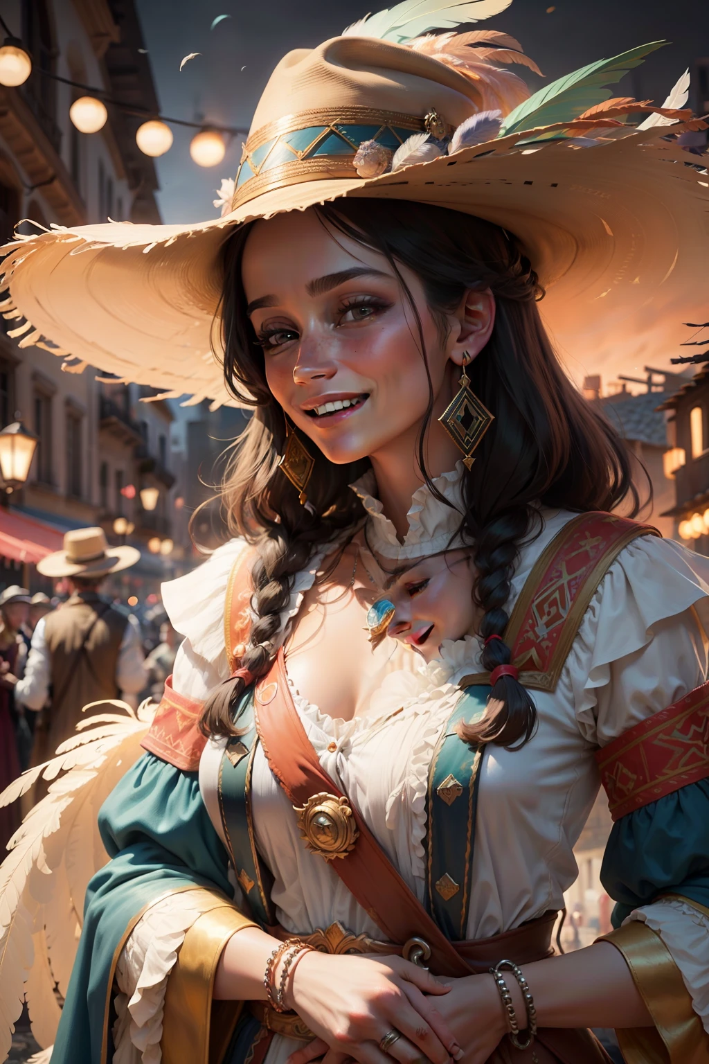 dynamic scene. City. 1100s. Don Juan in a hat with feathers amuses a beautiful young Spanish gypsy. Cheerful environment. Both laugh. Large portrait. Pastel muted primary colors. Moire haze. Super realistic, cinematic. Blurred dark night fantasy background. 8K --auto --s2