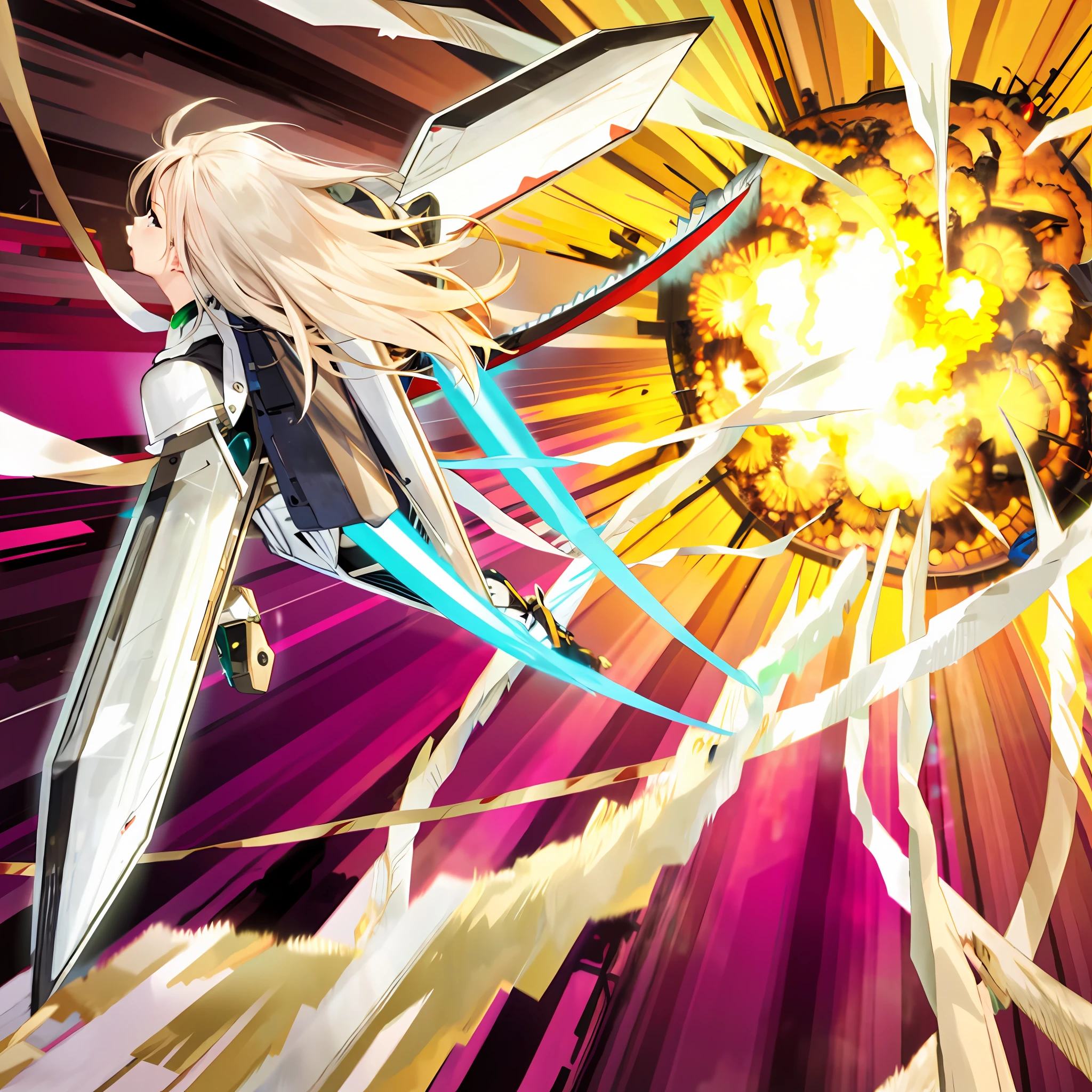 Maiden, silver-haired, flying, mech, explosion