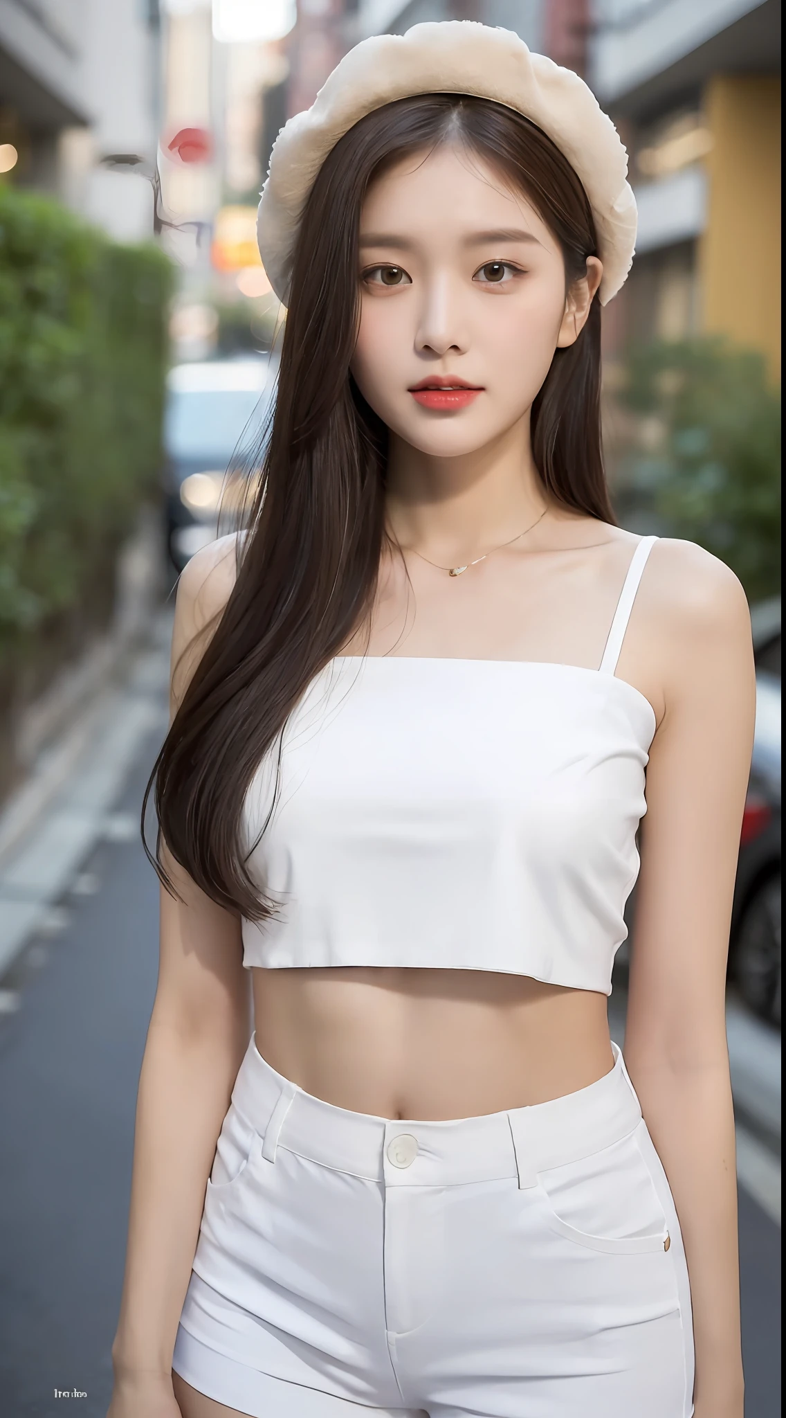 ((Best Quality, 8K, Masterpiece: 1.3)), (Flower Cap: 1.3), Focus: 1.2, Perfect Body Beauty: 1.4, Buttocks: 1.2, (Layered Haircut: 1.2)), (Dark Street: 1.3), Highly Detailed Face and Skin Texture, Full Body, Delicate Eyes, Double Eyelids, Whitened Skin, Long Hair, (Round Face: 1.5), (Loose Crop Top, Shorts: 1.6)
