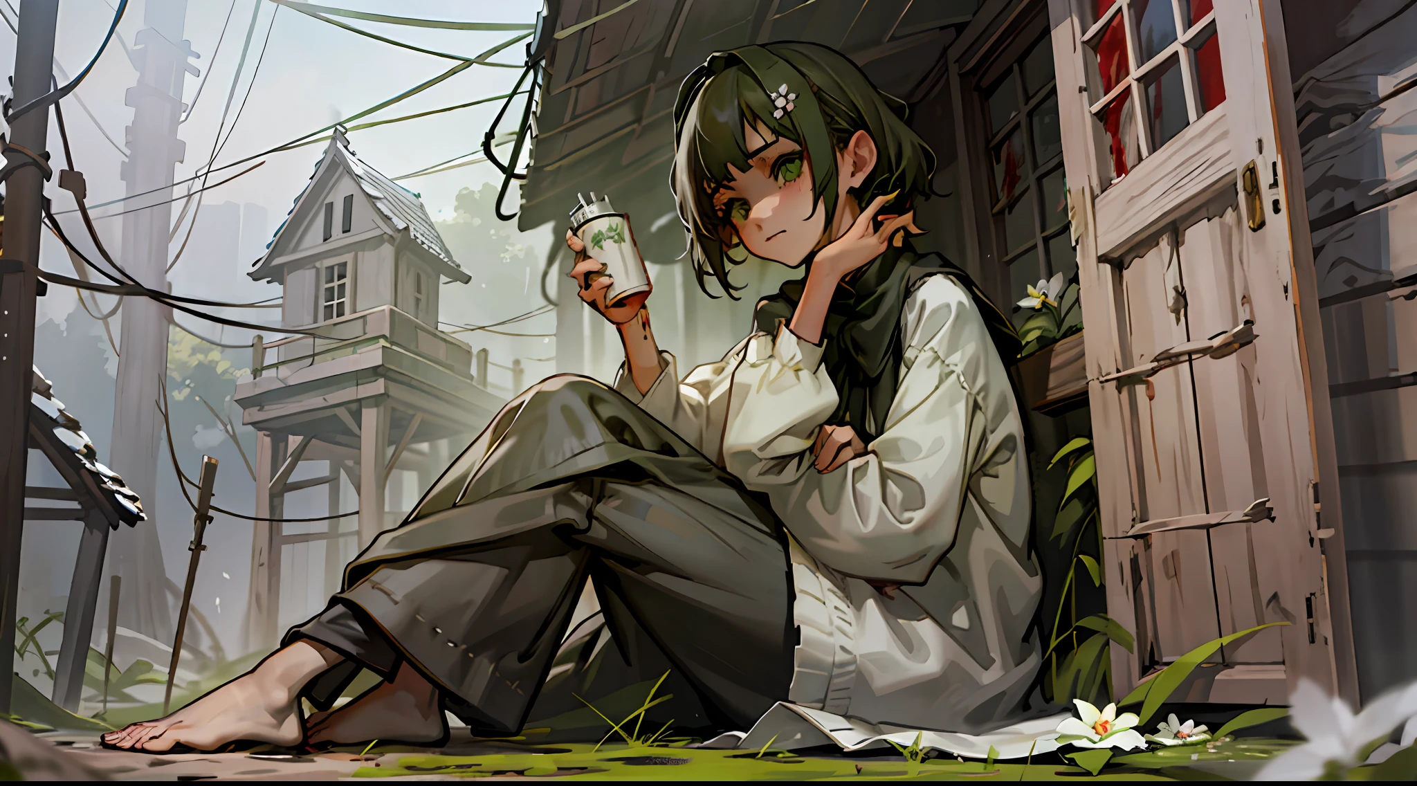 A girl, dark green hair, short hair, barefoot, (gloomy), cold expression, empty eyes, some blood stains on her body, looking into the distance, Broken wooden house, dead wood, dry soil, moss, (white flower: 1.5), (blood on the ground: 1.5), silence, (depression), medium range low angle shooting, (candid shooting), high quality, high resolution, painting, illustration, cool colors, low saturation,