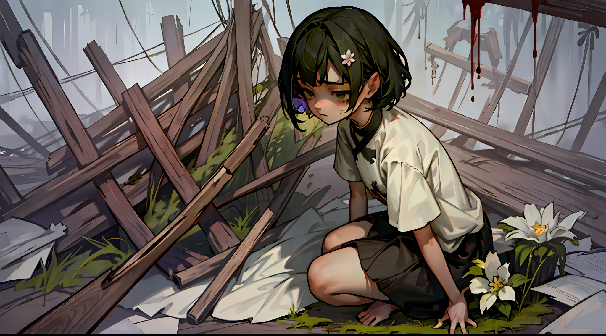 A girl, dark green hair, short hair, barefoot, (gloomy), cold expression, empty eyes, some blood stains on her body, looking into the distance, Broken wooden house, dead wood, dry soil, moss, (white flower: 1.5), (blood on the ground: 1.5), silence, (depression), medium range low angle shooting, (candid shooting), high quality, high resolution, painting, illustration, cool colors, low saturation,