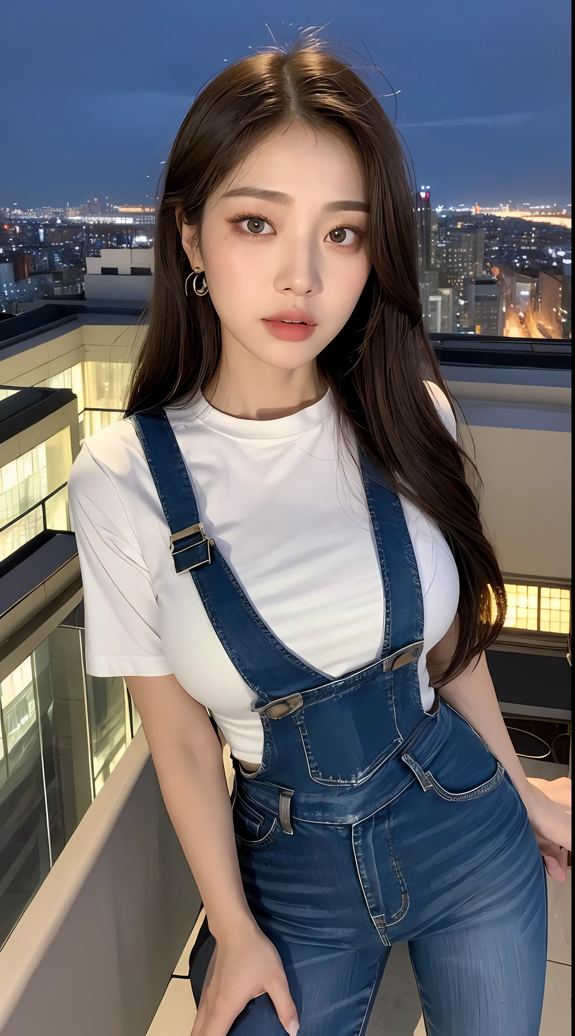 ((Midnight, Best quality, 8k, Masterpiece :1.3)), Whole body, Long legs, Sharp focus :1.2, A pretty woman with perfect figure :1.4, Slender abs :1.1, ((Dark brown hair, Big breasts :1.2)), (White tight tshirt, Jean bib, Standing:1.2), ((Night city view, Rooftop:1.3)), Highly detailed face and skin texture, Detailed eyes, Double eyelid