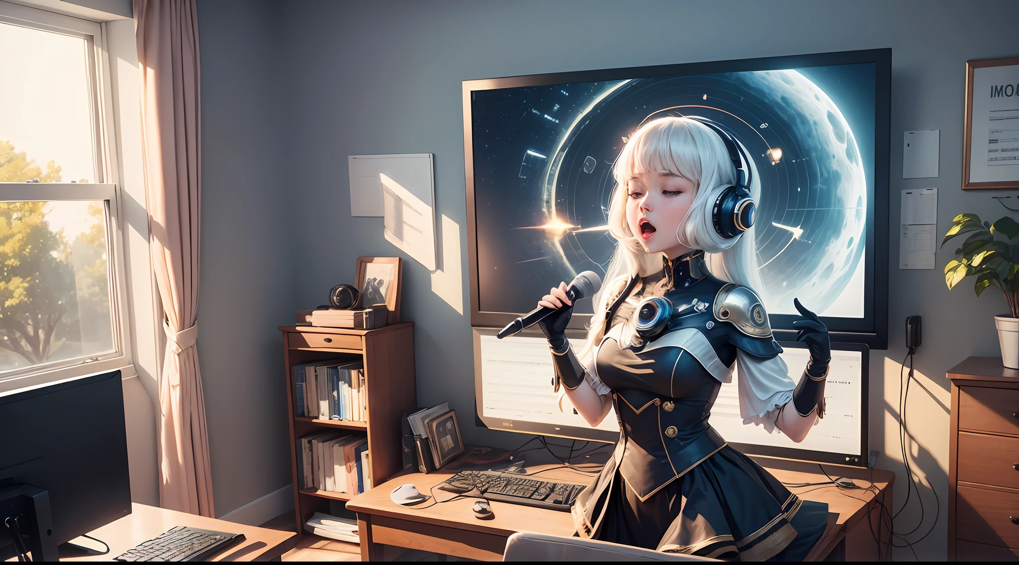 by mooncryptowow, one giving singing lessons works in a music room with computers, she is trained to control artificial intelligence for voice conversion, the environment is a clean room where order, ultra-realistic representation --auto --s2