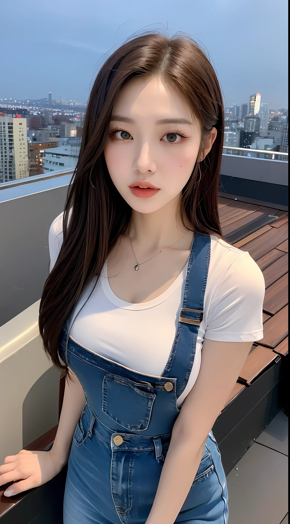 ((Midnight, Best quality, 8k, Masterpiece :1.3)), Whole body, Long legs, Sharp focus :1.2, A pretty woman with perfect figure :1.4, Slender abs :1.1, ((Dark brown hair, Big breasts :1.2)), (White tight tshirt, Jean bib, Standing:1.2), ((Night city view, Rooftop:1.3)), Highly detailed face and skin texture, Detailed eyes, Double eyelid