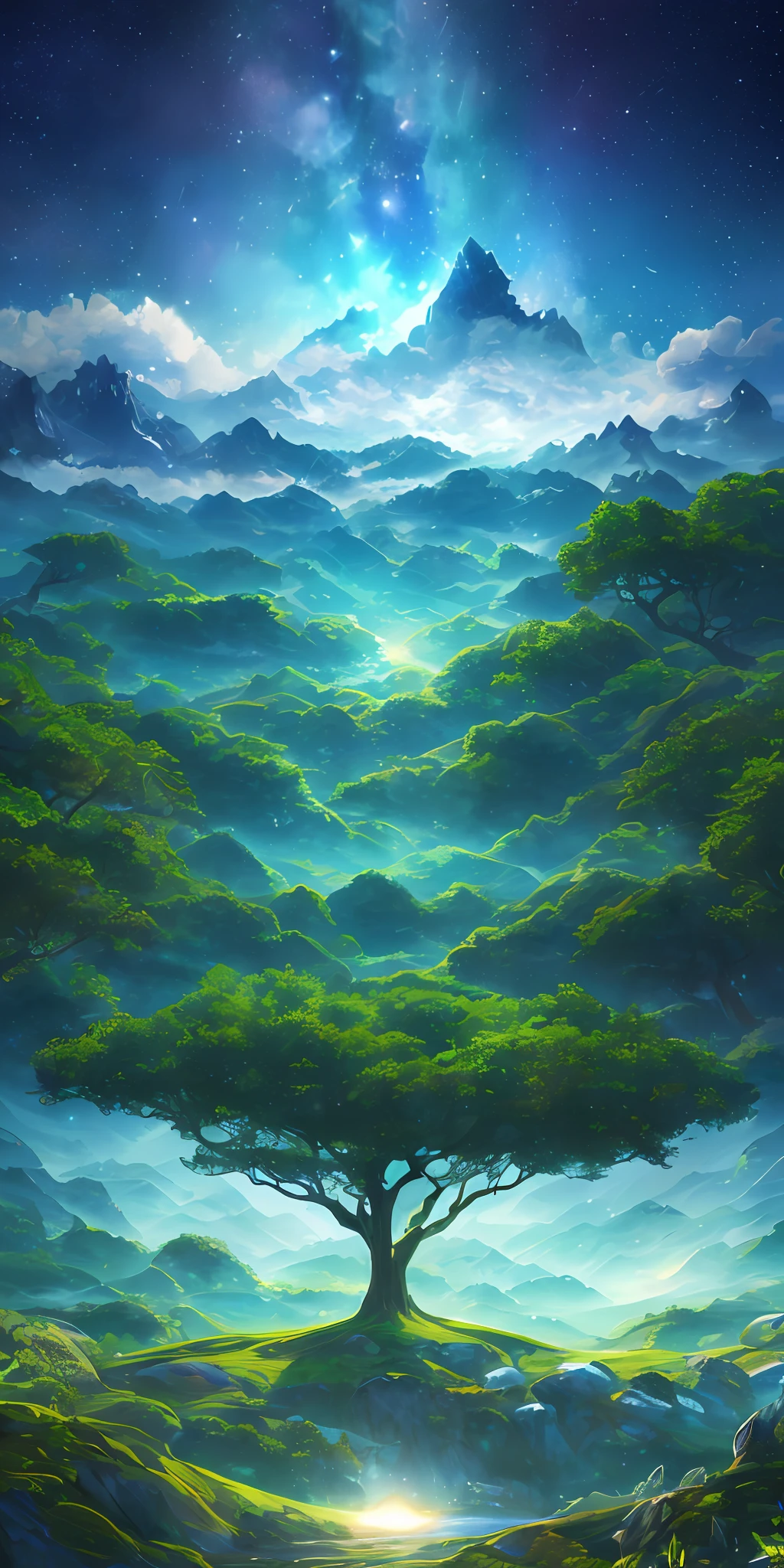 An illustration of a surreal, otherworldly, sur-sky scene including a huge crystal tree full body, very detailed and magical lights, intricate forest details, vegetation and surrounding rivers, solar punk, landscapes, giant trees, beautiful green leaves, beautiful lights and realistic proportions, as if it were a movie background, 8k, highest quality, masterpiece, clouds and stars in the sky, (((1 girl, sexy, cheongsam, full_body, bobo head, side-parted hair, blue eyes) )), dynamic poses, in comic book style, depicting a group of characters in various action scenes, from intense battles to relaxing moments, with dramatic speed lines and bold sound effects, capturing the excitement and energy of the story, mountains, starry sky, tall woods, masterpiece, aqua eyes, cinematic lighting, depth of field, moving diagram, UHD, anatomically correct, super detail, textured skin, high detail, best quality, 4K.