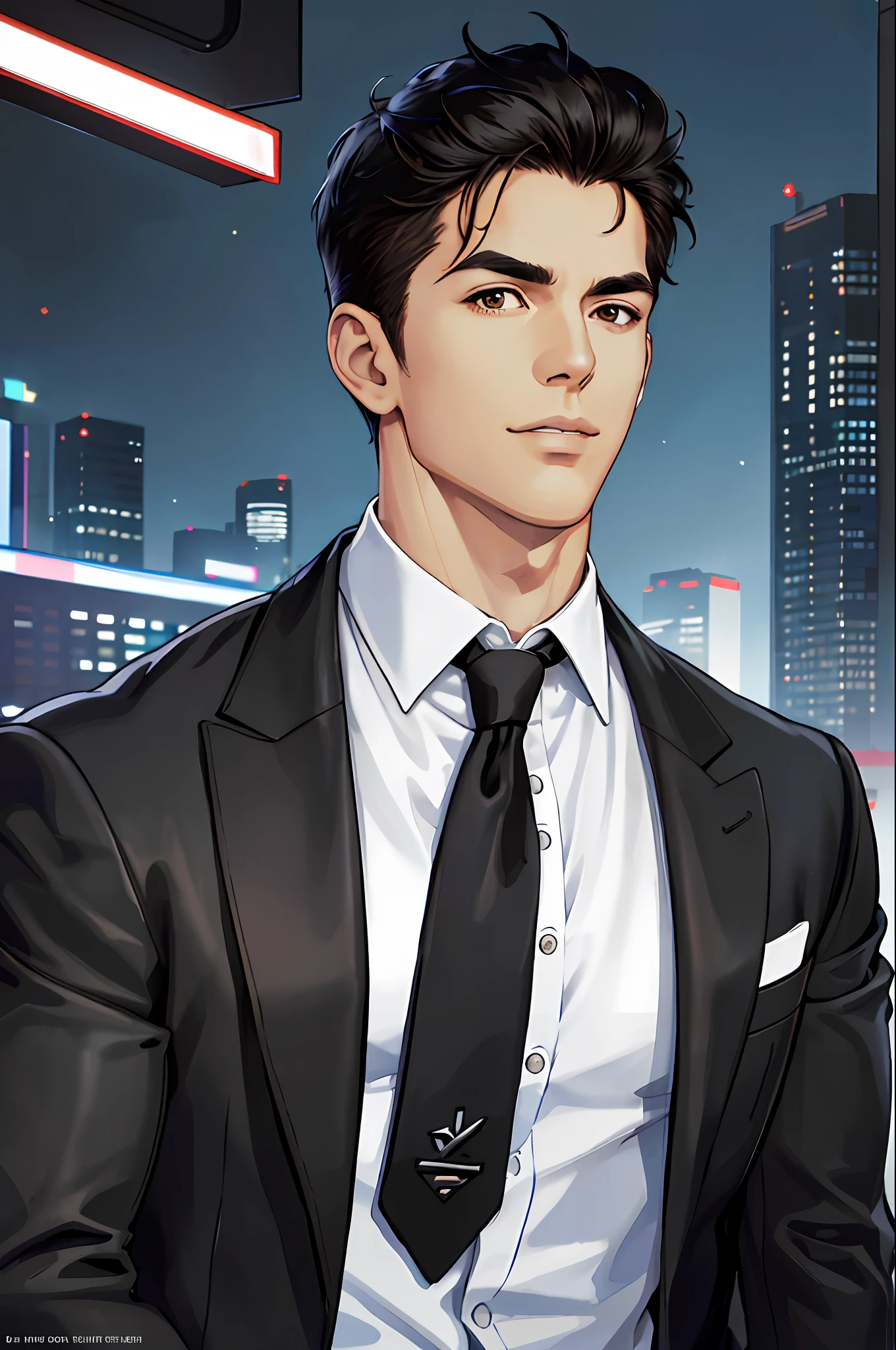 (ridiculous, high resolution, super detailed, realistic,), 1 male, soloist, handsome, cool, handsome, extremely short hair, black hair, brown eyes, angular chin, thick neck, thick eyebrows, night, dark, night city background, formal wear, tie, bust, cyberpunk,