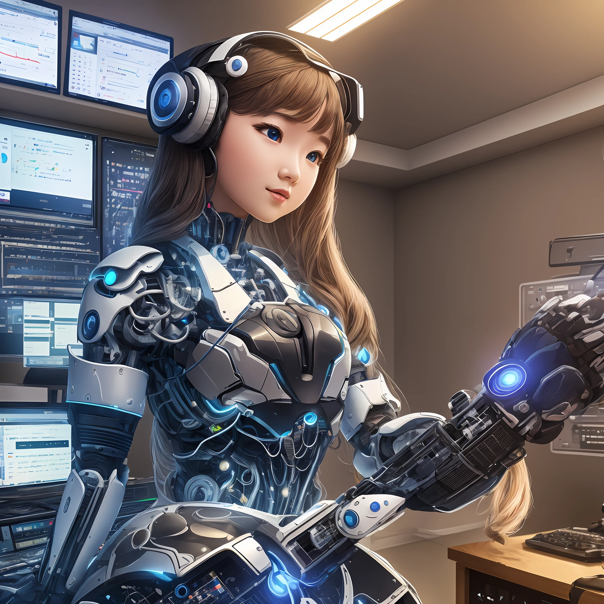 by mooncryptowow, one giving singing lessons works in a music room with computers, she is trained to control artificial intelligence for voice conversion, the environment is a clean room where order, ultra-realistic representation --auto --s2