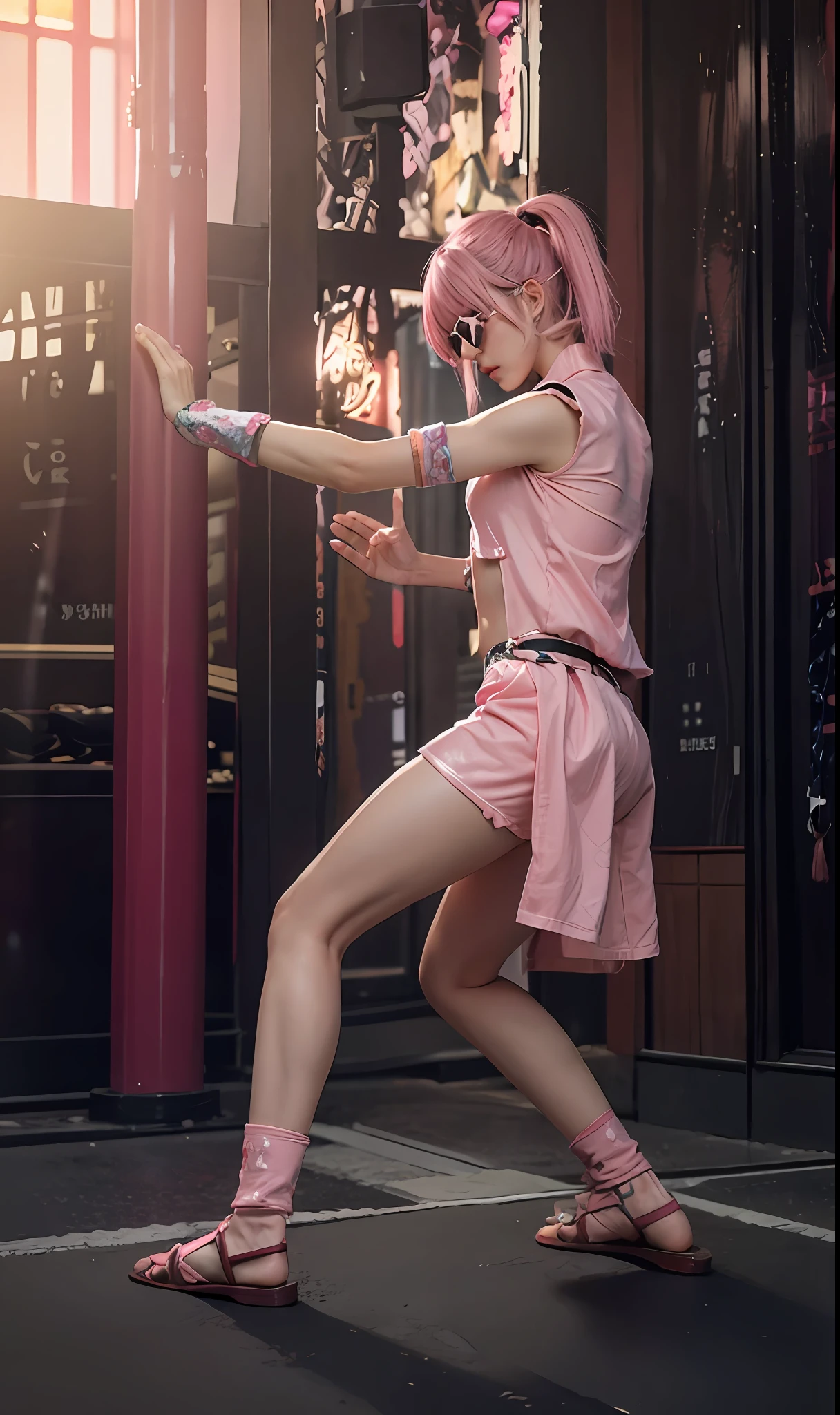 pink hair, pink china clothes, shorts, blunt bangs, 1girl,solo,flashy hair, photorealistic, high resolution, one girl, colorful hair color, korean, tokyo station, summer, cowboy shot, sunglasses