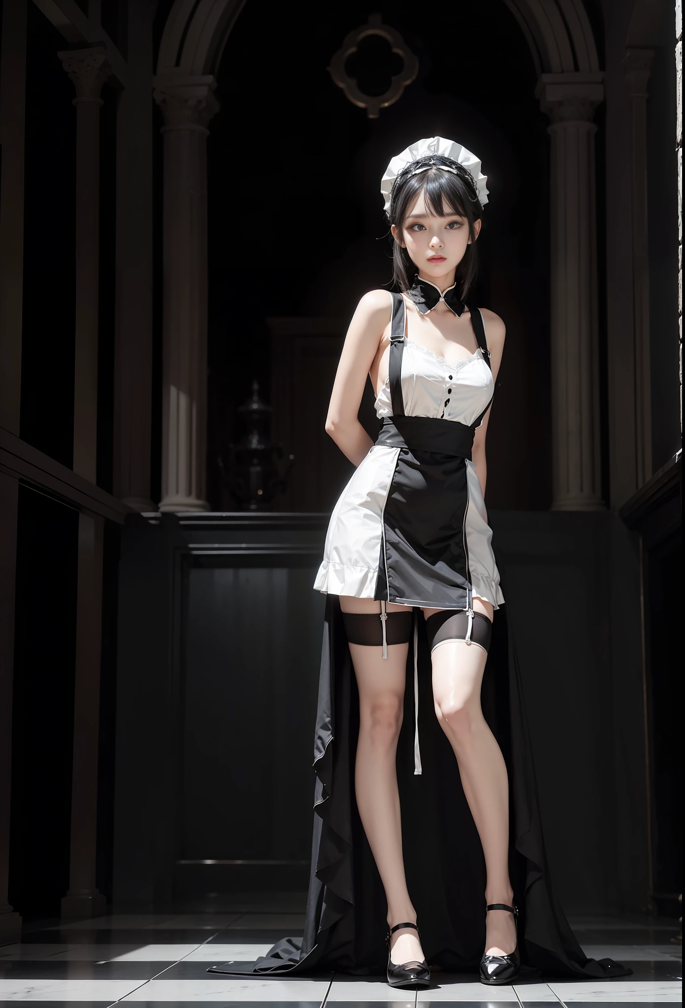 Roman hall, black and white tiles, reflective floor, 1 15-year-old girl, black and white maid outfit, white headdress, cute dress, suspender stockings, character focus, Tyndall effect, cinematic lighting, looking into the camera, standing, red eyes,