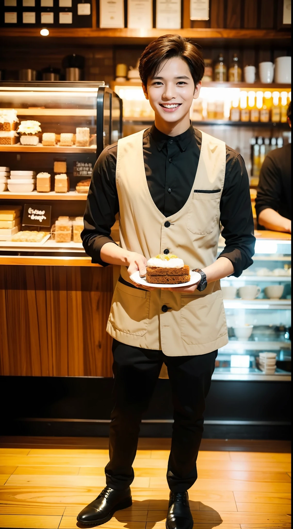 young man, sharp focus, cinematic shadow, smile, honeycomb, café, clerk, full body,