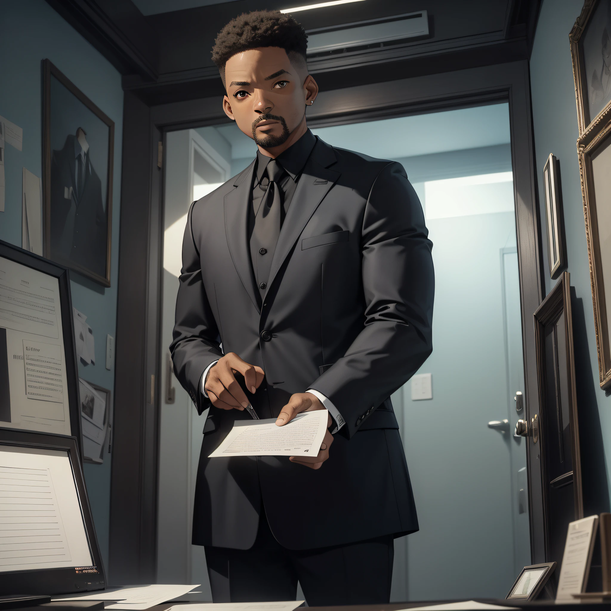Absurd resolution, high resolution, (masterpiece: 1.4), hyperdetail, middle-aged Will Smith, black suit, eerie room, serious expression (1.3), looking at a note (1.4)