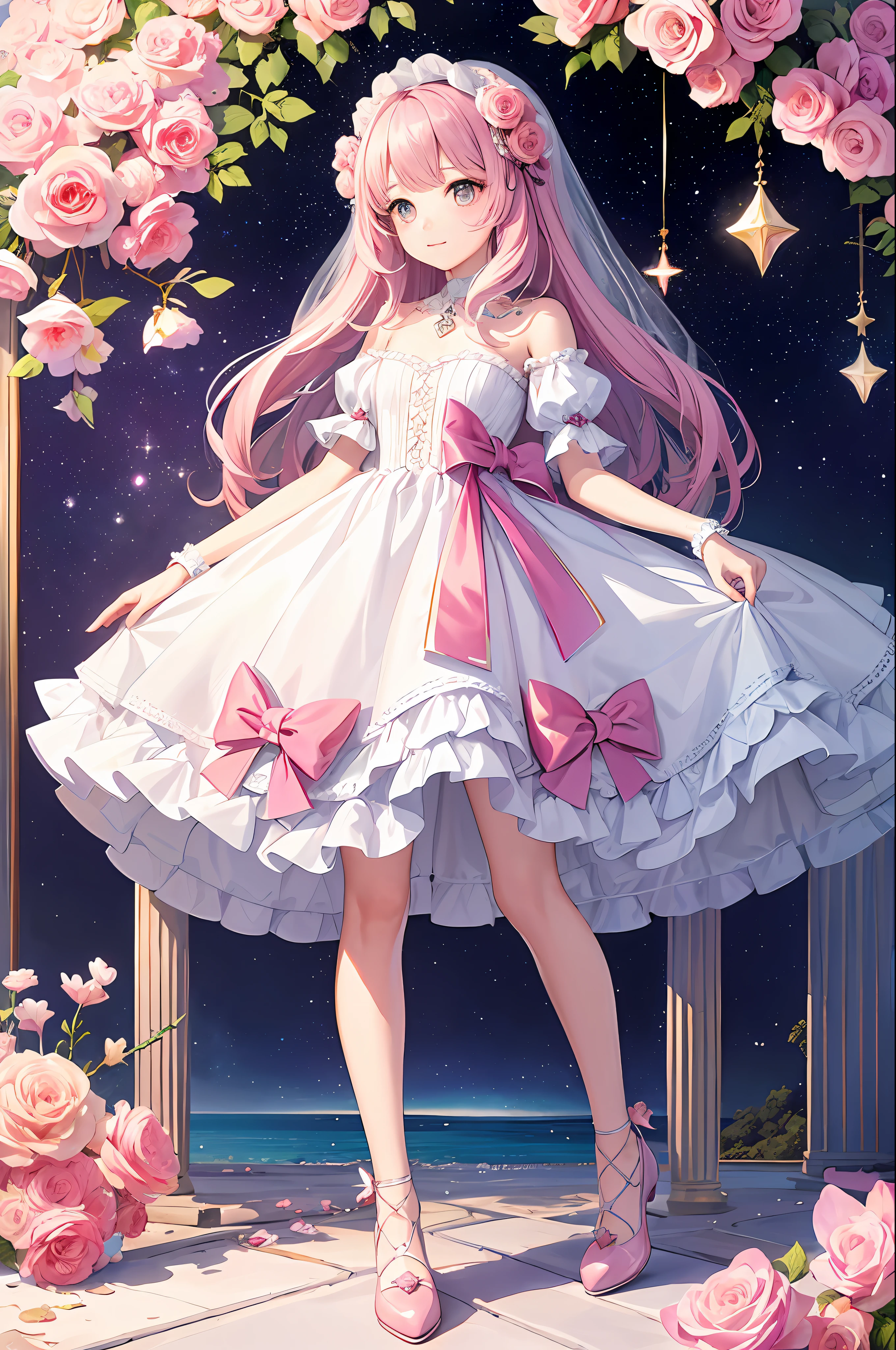 (Masterpiece, Top Quality, Best Quality, Watercolor (Medium), Official Art, Beauty and Aesthetics: 1.2), (1girl: 1.3), (Fractal Art: 1.3), From the front, looking at the viewer, pattern, (rainbow hair, pink gradient hair: 1.2), water, liquid, clouds, colorful, starry, stars, full body, stockings, star diamond galaxy, cupola rabbit, crystal shoes, flower wedding lolita shoes,