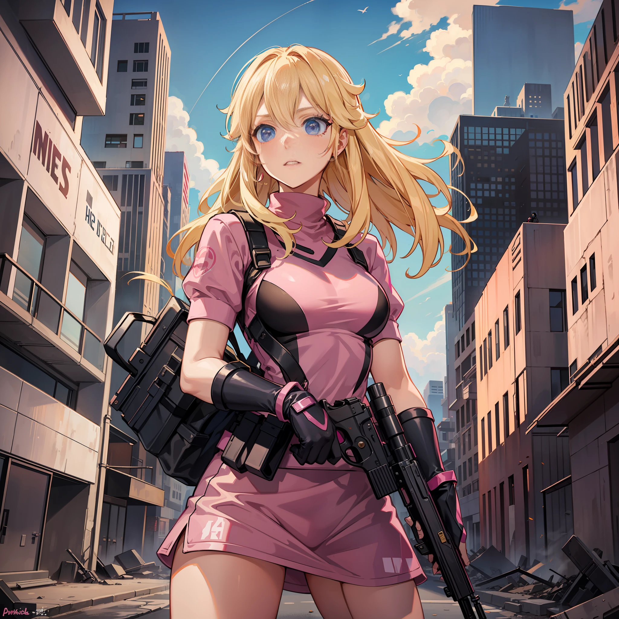 A woman, pink army outfit, athletic body, holding a gun, short clothes, blonde hair, blue eyes, long hair, in an apocalyptic city, deserted, destroyed city, princess peach, rifle