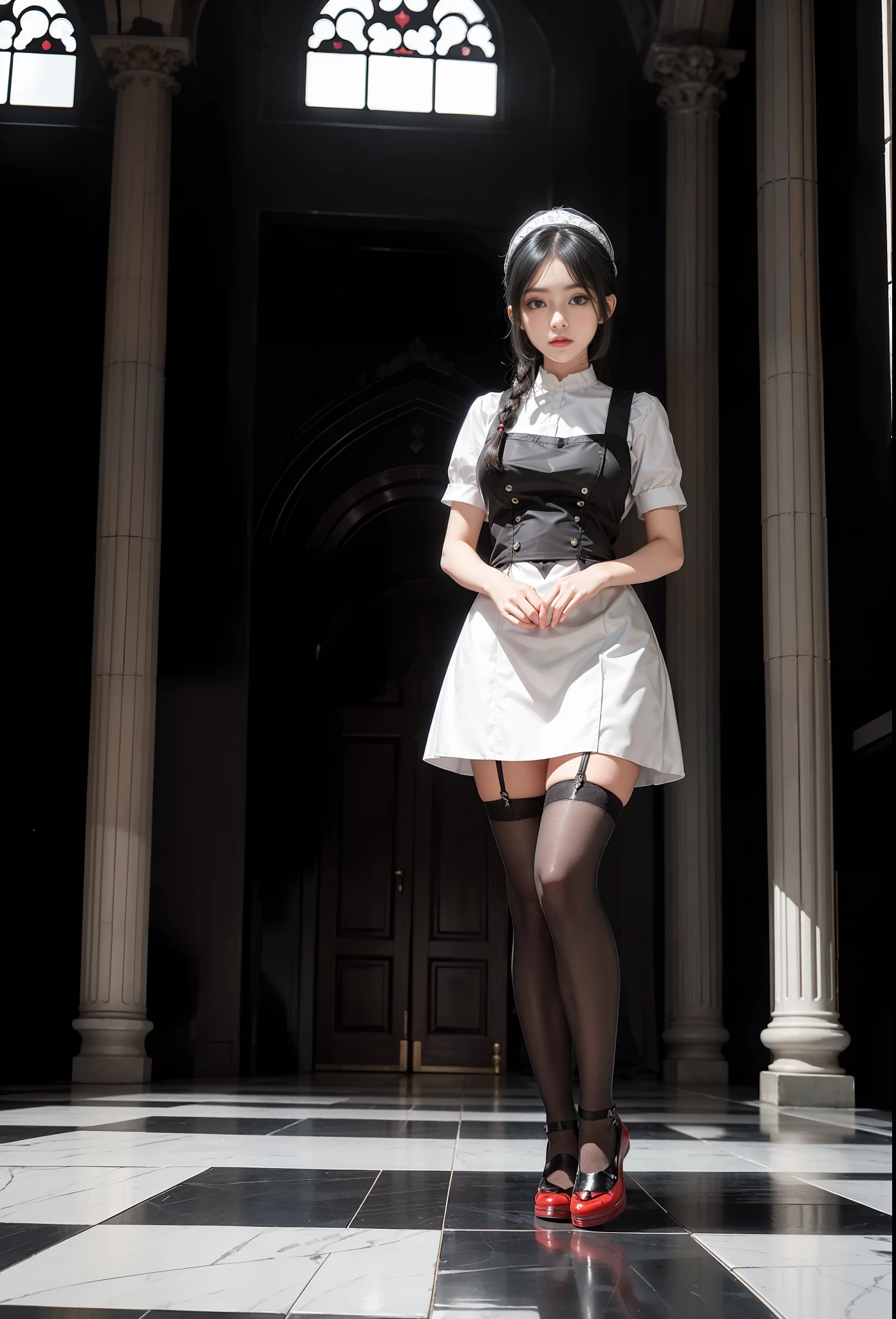 Roman hall, black and white tiles, reflective floor, 1 15-year-old girl, black and white maid outfit, white headdress, cute dress, suspender stockings, character focus, Tyndall effect, cinematic lighting, looking into the camera, standing, red eyes,