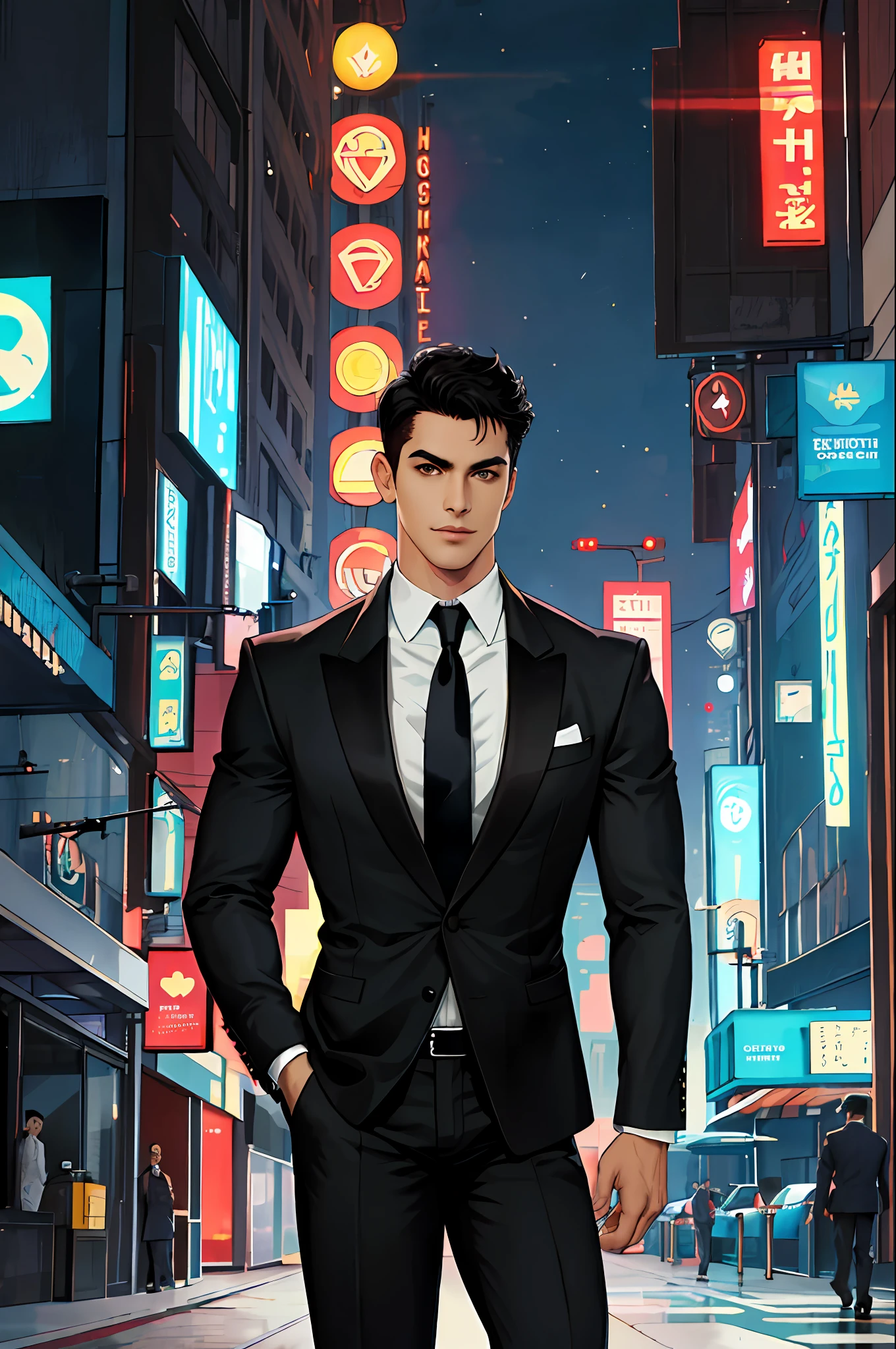 (ridiculous, high resolution, super detailed, realistic,), 1 male, soloist, handsome, cool, handsome, extremely short hair, black hair, brown eyes, delicate face, thick eyebrows, night, dark color, night city background, formal wear, tie, half, cyberpunk,