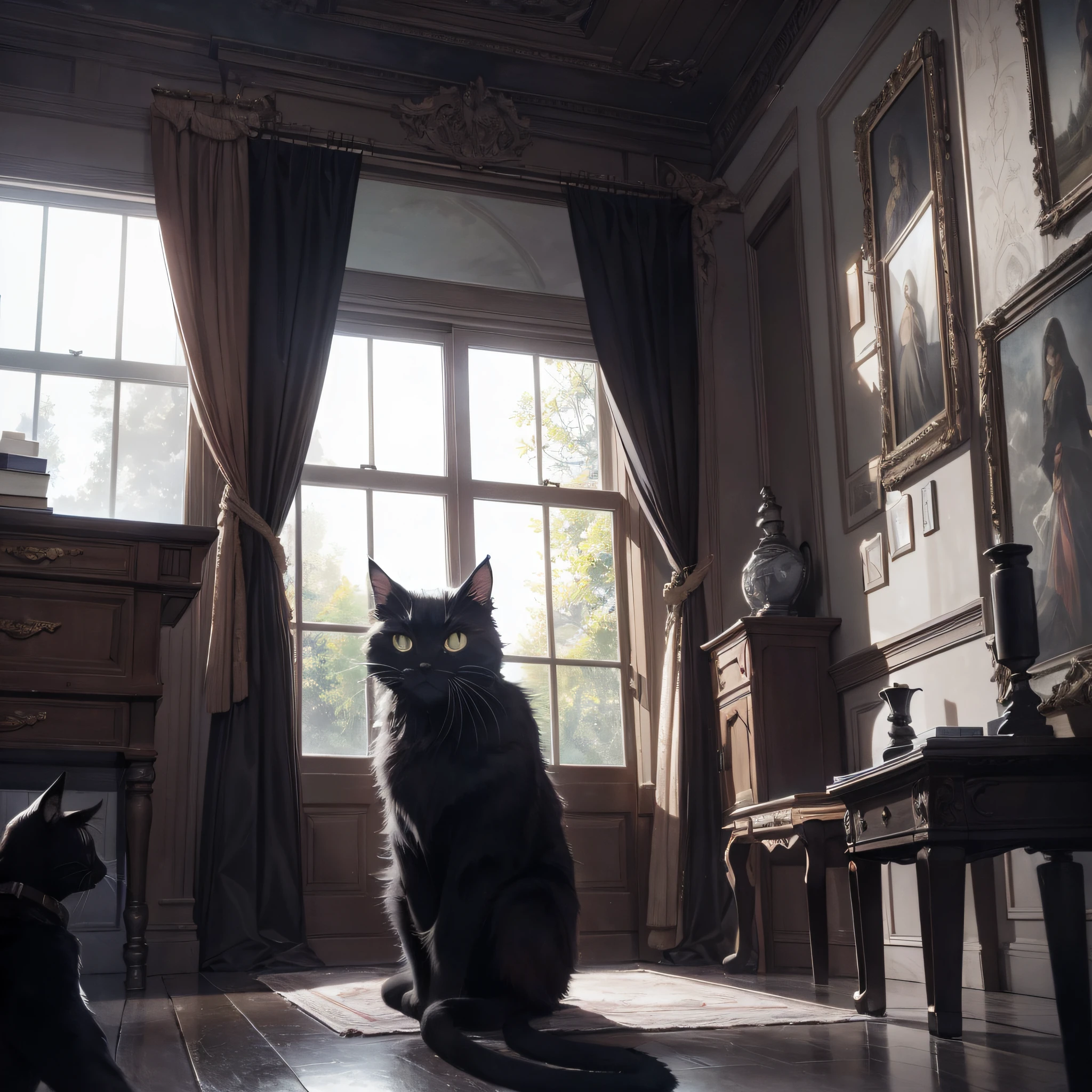 Absurd resolution, high resolution, (masterpiece: 1.4), hyper-detail, black cat, eerie dark study, curtains