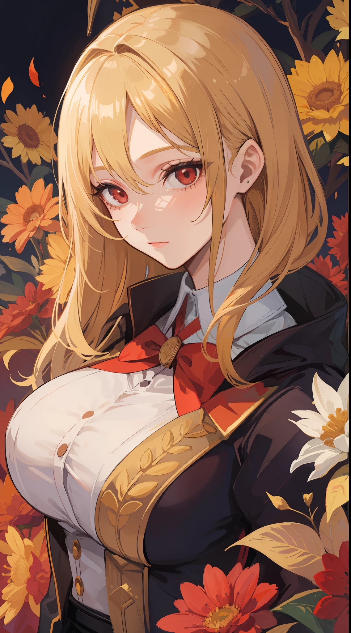 1 girl, wearing a queen's uniform, blonde hair style split flowers, red eyes ((37 year old face)) ((no multiple people)) ((milf))
