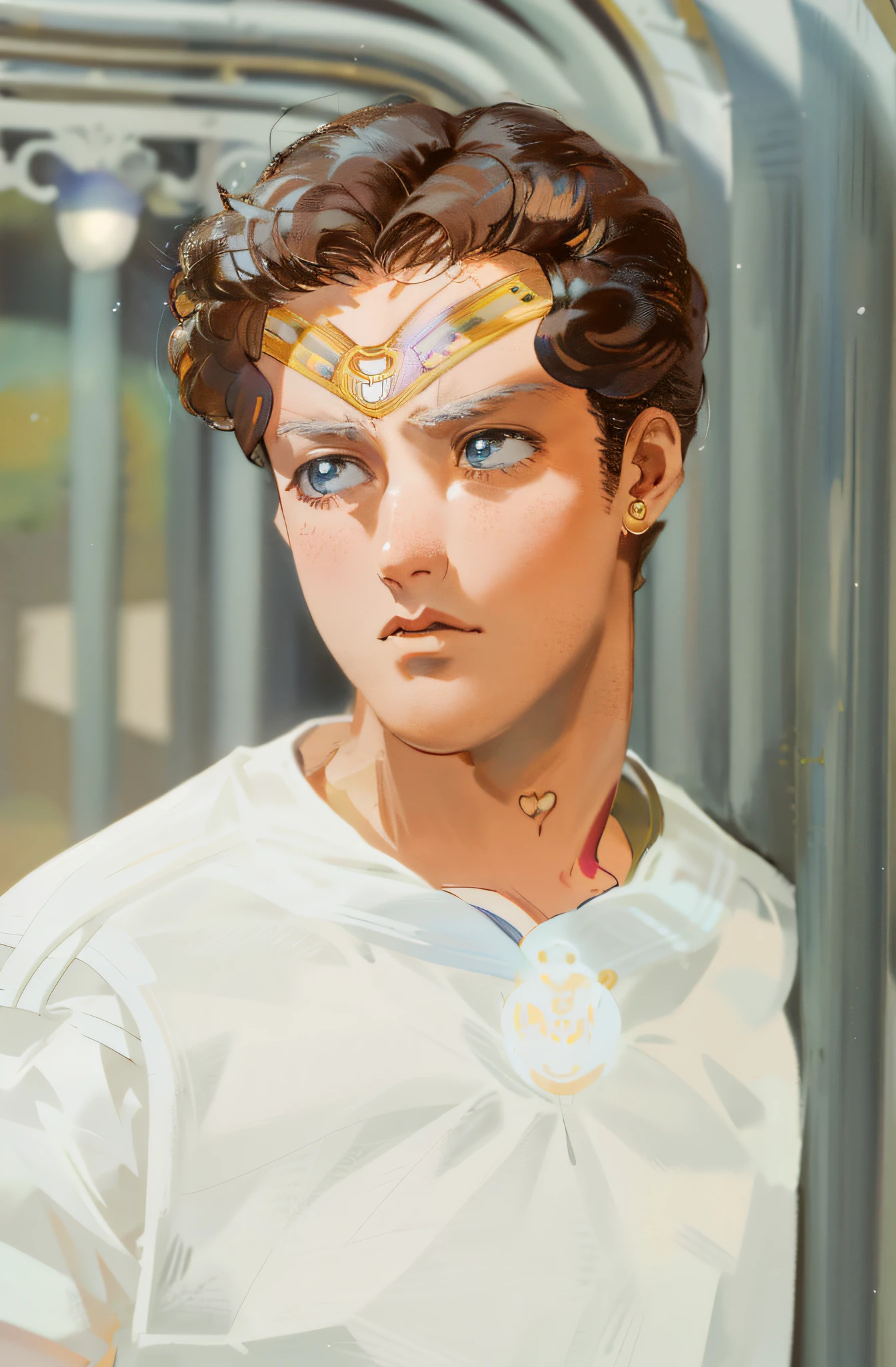 HD, (Best Detail), (Best Quality), There is a man standing by the fence holding a mobile phone, Super Mariner Moon, (((Sailor Moon)), forehead decoration,