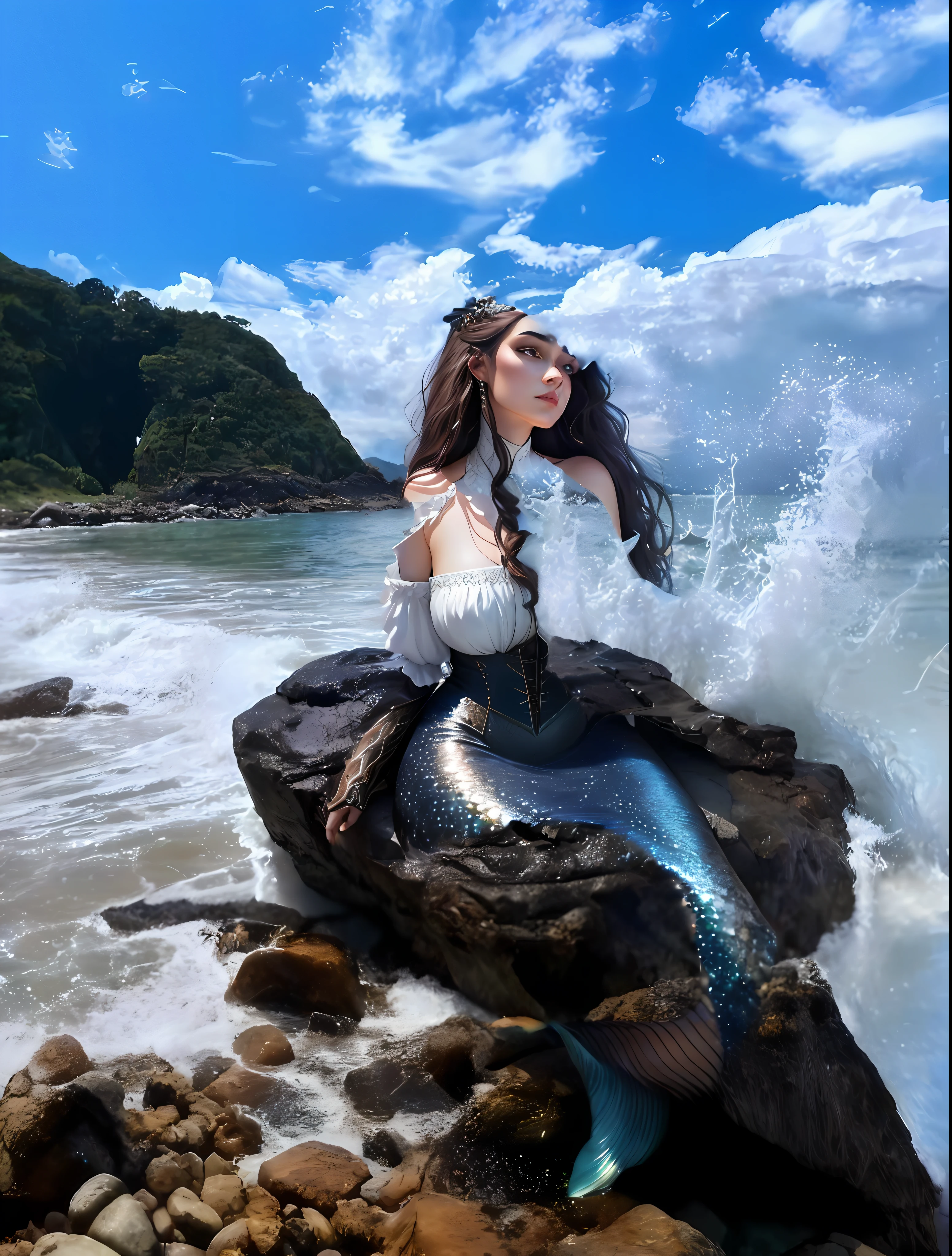 beautiful face, woman, brown eyes, full-length body, (Mermaid), fishtail, colored scales, nature magic, medieval era, (extremely detailed CG unity 8k wallpaper), sitting on a rock, with the sea and a ragged sailboat behind it, a sea filled with fire, moonlight, high detail, masterpieces, (HDR) (film lighting) (sharp focus), masterpiece, best quality (realism: 1.2), (extremely detailed CG unity 8k wallpaper),  (best quality)