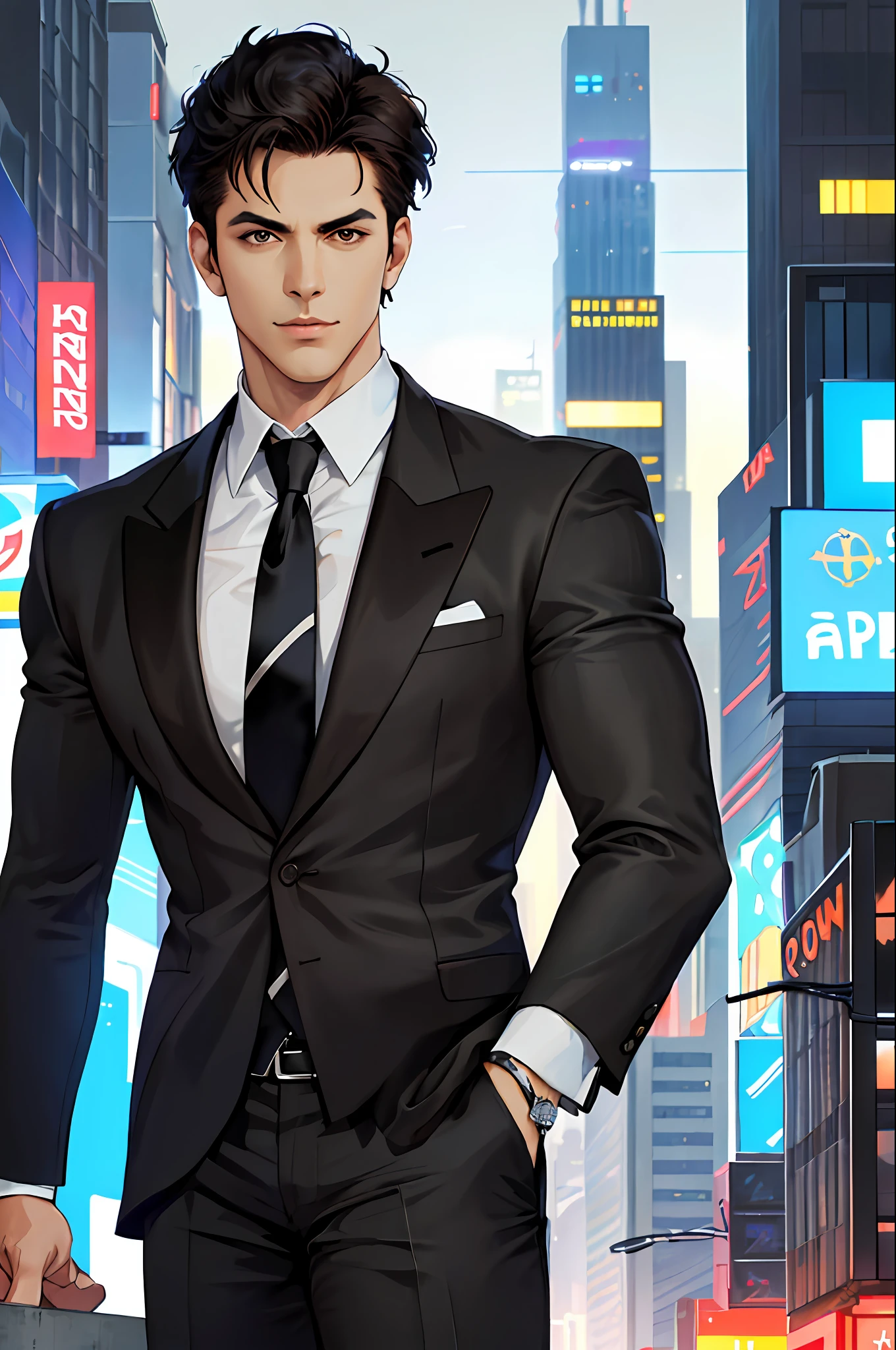 (ridiculous, high resolution, super detailed, realistic,), 1 male, soloist, handsome, cool, handsome, extremely short hair, black hair, brown eyes, angular chin, thick neck, thick eyebrows, night, dark, night city background, formal wear, tie, bust, cyberpunk,
