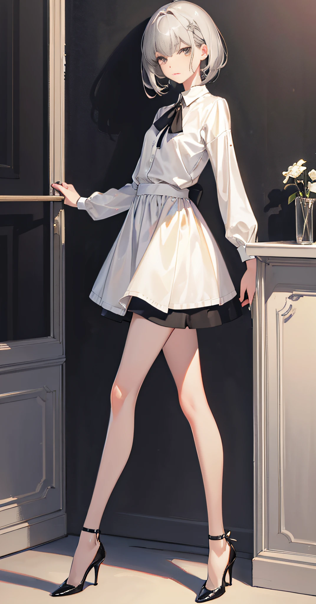 Original, (illustration: 1.1), (best quality), (masterpiece: 1.1), slender legs, high heels, gray hair, (beautiful clear background: 1.25), (very detailed CG Unity 8K wallpaper: 1.1), 1 girl, flat bangs, stunning innocent symmetrical face, shirt, emotion, urzan, (PureErosFace_V1:0.7)