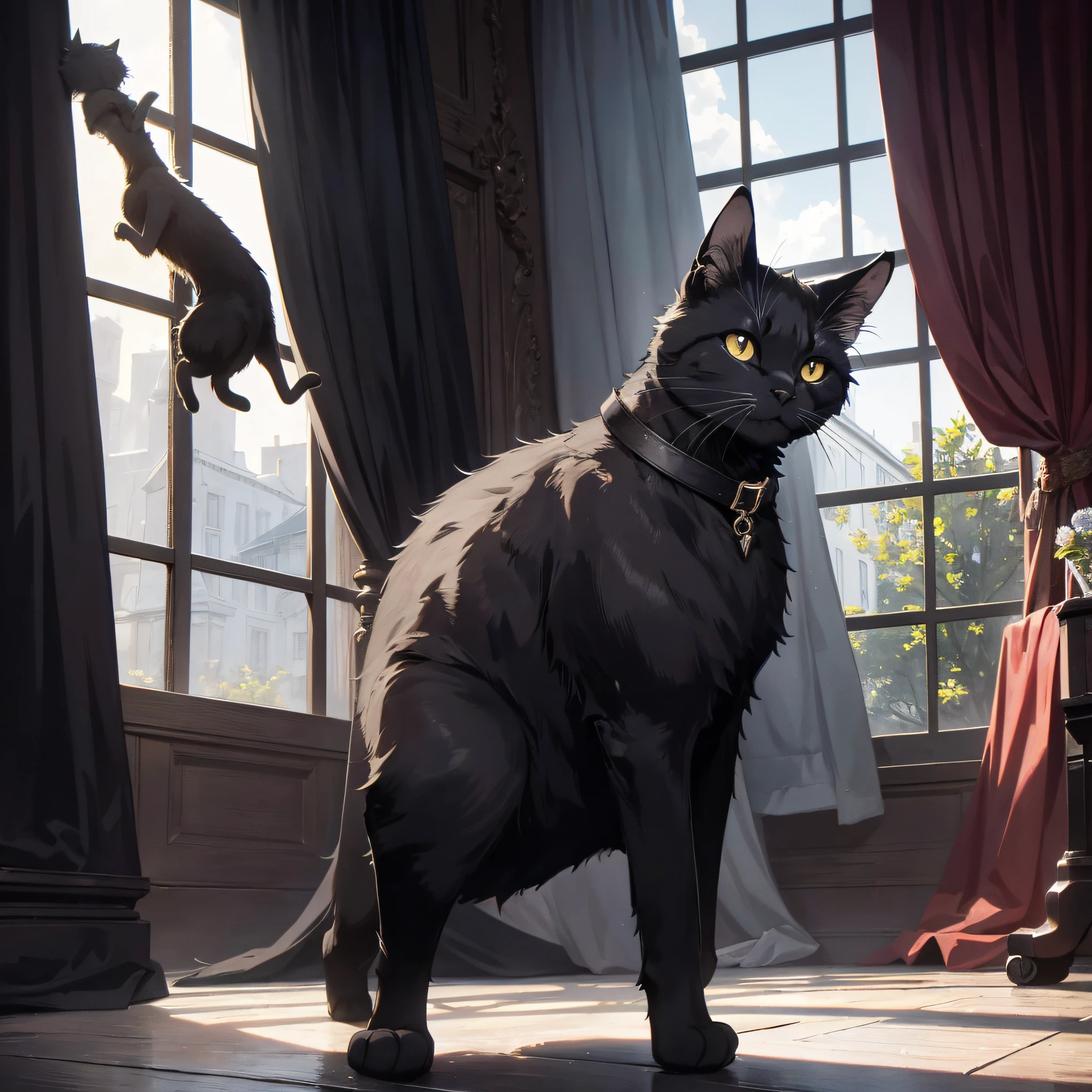 Absurd resolution, high resolution, (masterpiece: 1.4), hyper-detail, black cat, eerie dark study, curtains